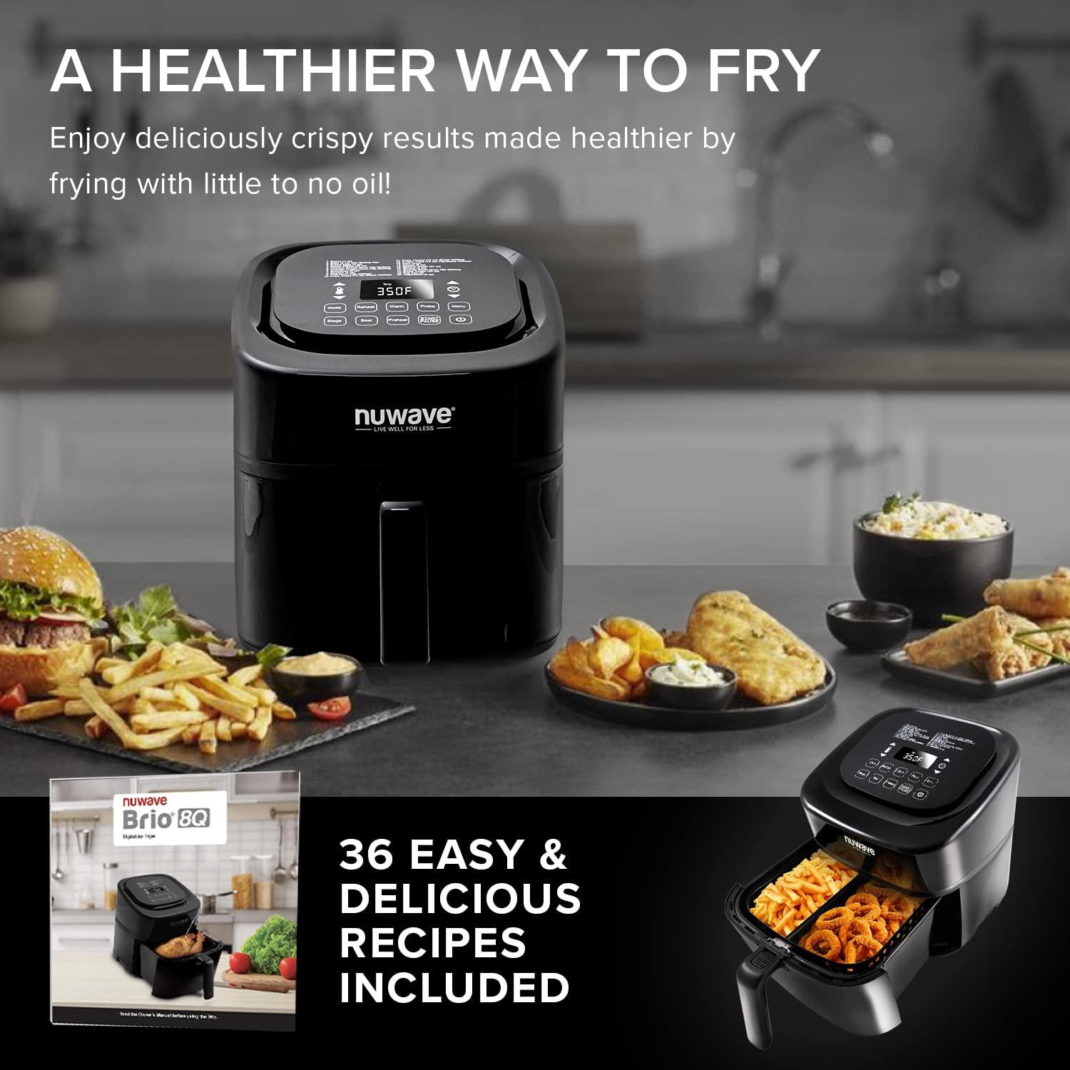 Nuwave Nuwave Brio 8-Qt Air Fryer, Powerful 1800W, Easy-to-Read Cool White Display, 50-400F Temp Controls, 100 Pre-Programmed Presets & 50 Memory Slots, Integrated Smart Thermometer, Linear T Technology
