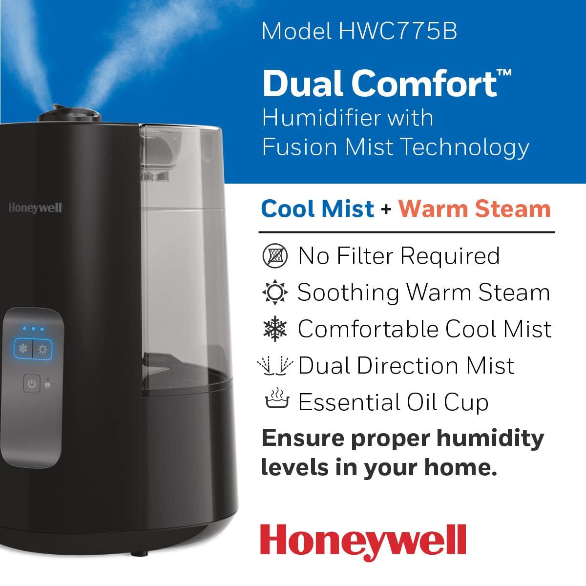 Honeywell Honeywell Dual Comfort Cool + Warm Mist humidifier. Humidifier for Bedroom, Office, Living Room and Home. Provides Temporary Relief from Dry air discomforts - Black, HWC775B