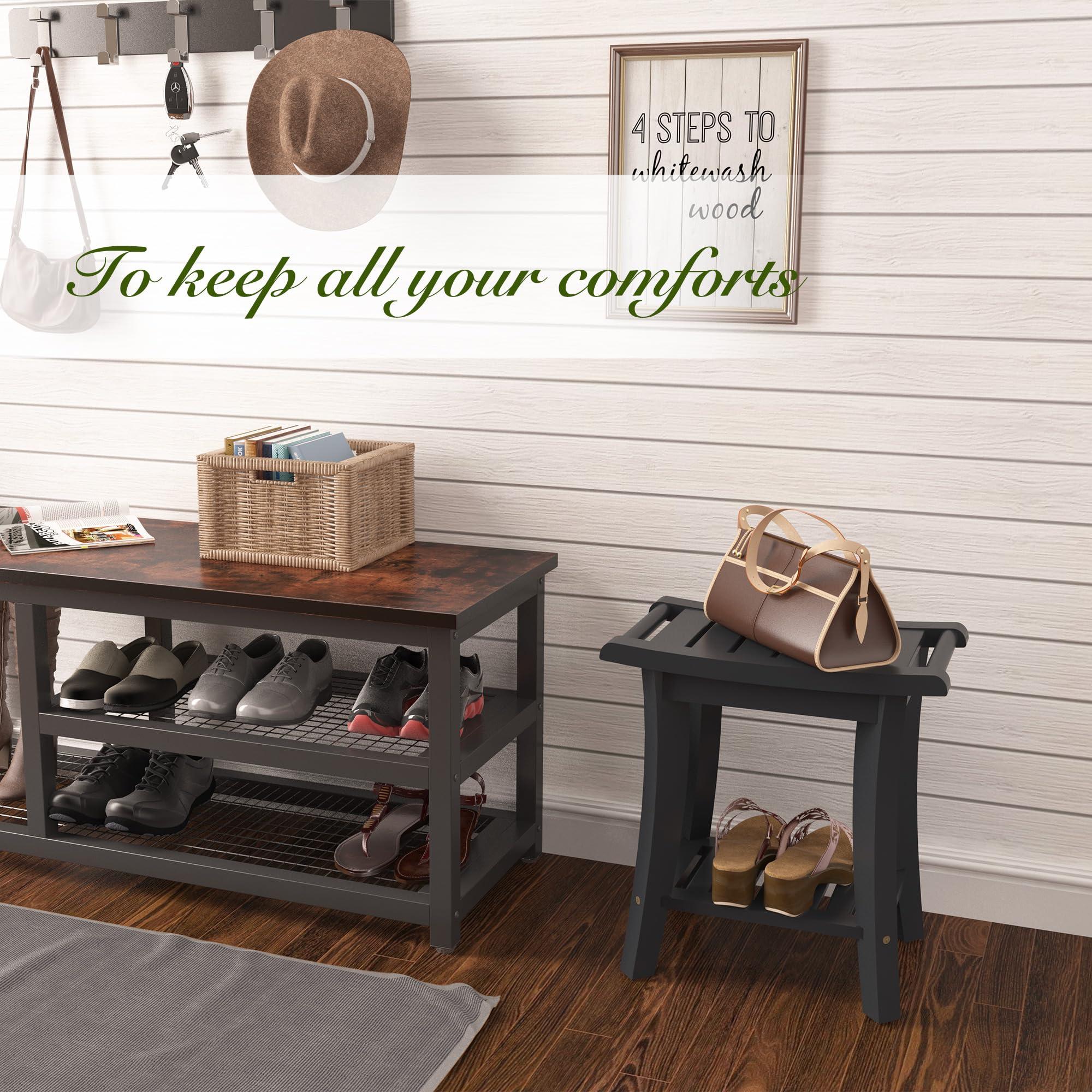 Unibambou Bamboo Shower Bench Inside Shower Stool with Storage Shelf, Spa Bath Chair for Bathroom, Seat or Organizer for Living Room, Bedroom and Garden - Great for All Ages Unisex Elderly (Small, Black)