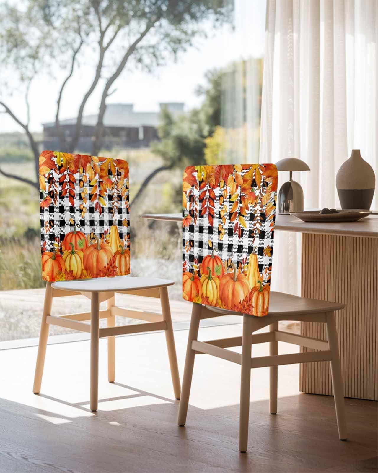 LOVE HOME DAY Fall Thanksgiving Chair Back Covers Set of 8,Orange Pumpkin Maple Leaf Harvest Farm Chair Slipcovers,Black and White Removable Dining Chair Protector for Kitchen Hotel Restaurant Banquet Decor