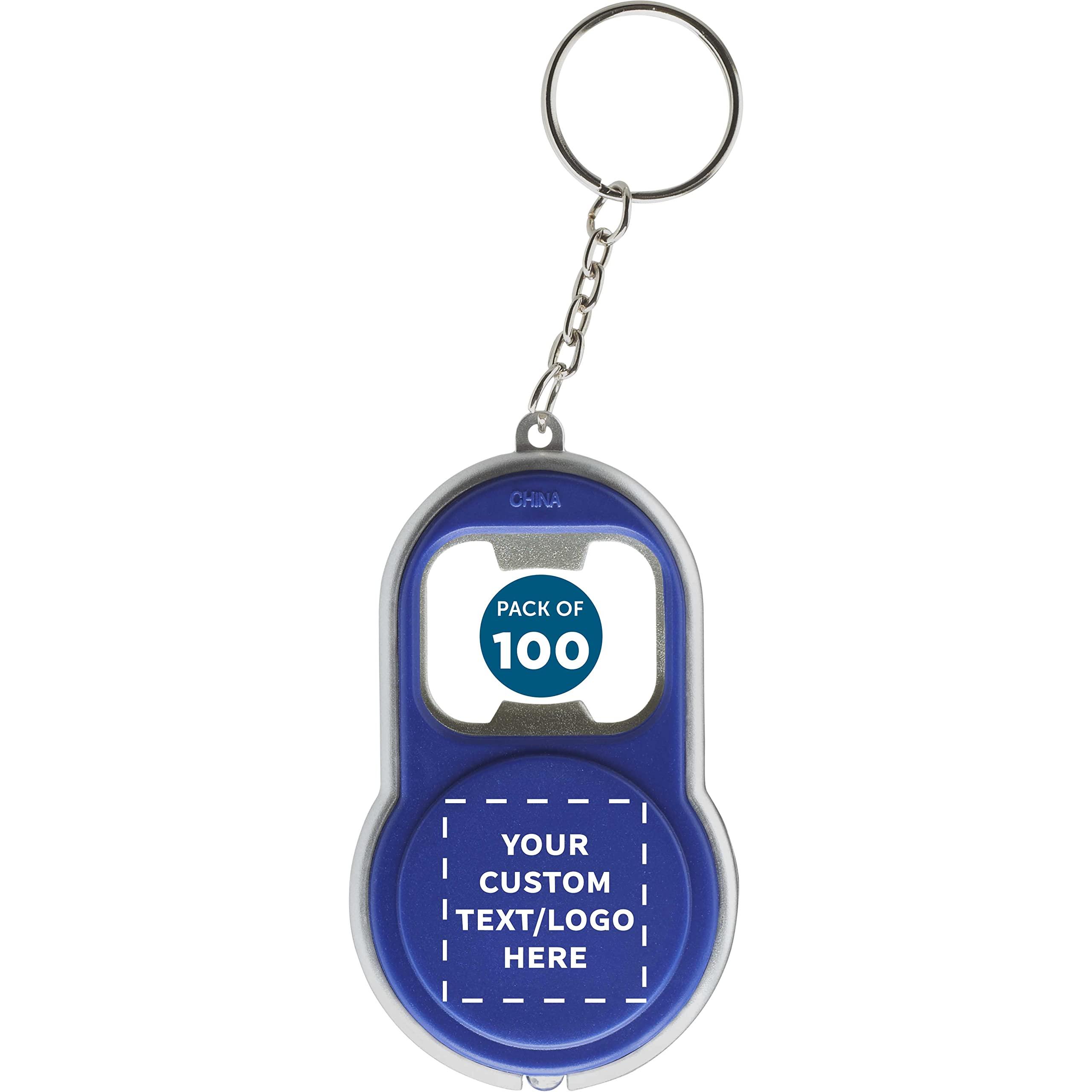 DISCOUNT PROMOS DISCOUNT PROMOS Custom Bottle Opener & LED Keychains Set of 50, Personalized Bulk Pack - Perfect for Tradeshows, Party Favors, Other Events - Blue