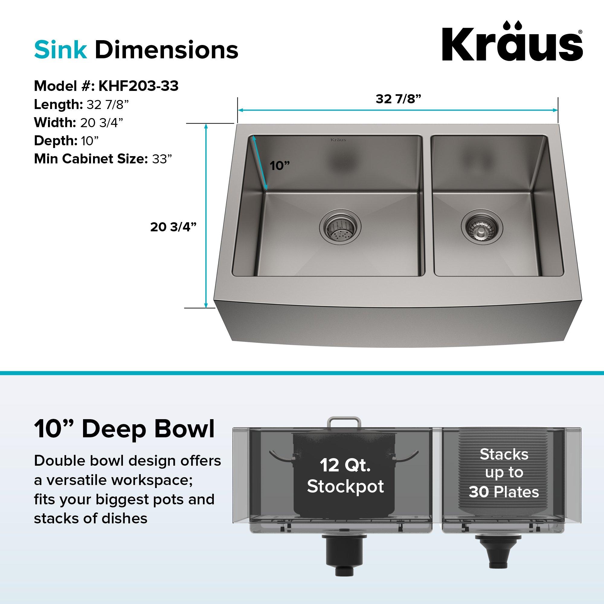 Kraus KRAUS Standart Pro 33-Inch Apron Front Farmhouse 16-Gauge 60/40 Double Bowl Stainless Steel Kitchen Sink, KHF203-33