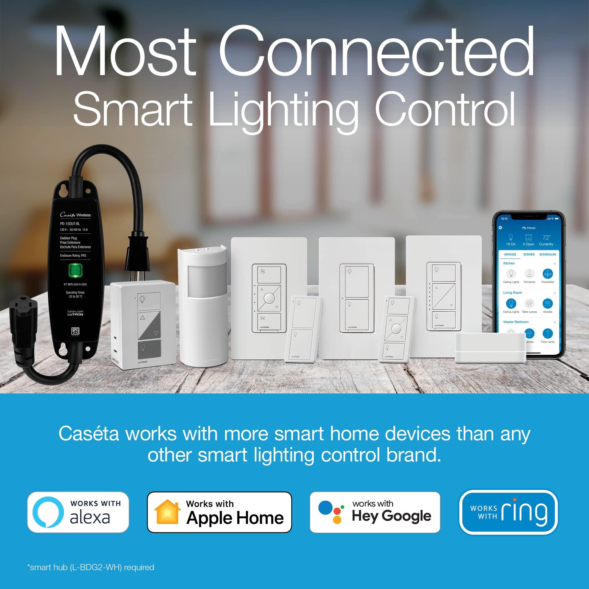 Lutron Lutron Caseta Smart Lighting Original Dimmer Switch, for Light Bulbs, Works w/ Alexa, Apple Homekit, Google Home (Hub Required), 150W Single-Pole/3-Way, No Neutral Required, PD-6WCL-WH, White