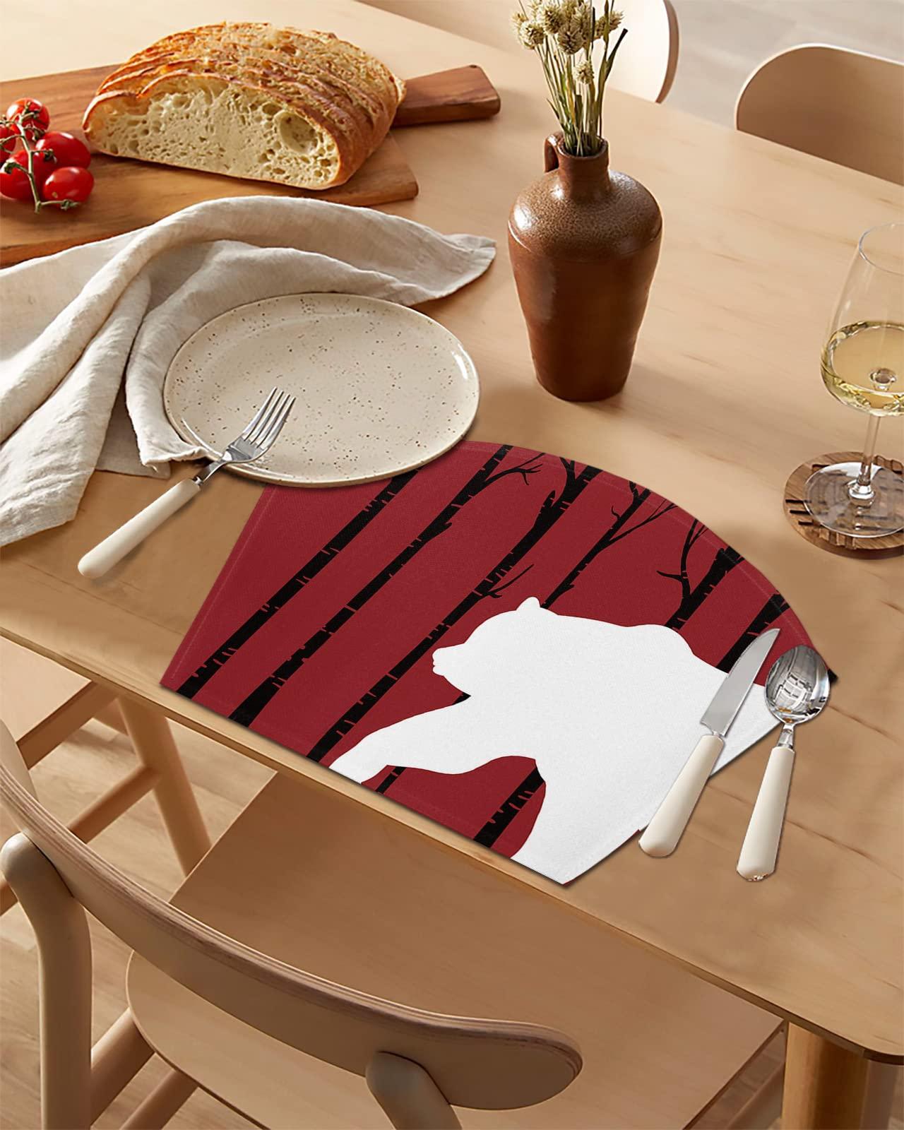 Daleng Christmas Round Table Placemats Set of 6 Christmas Silhouette of Bear Wedge Shaped Placemats Non-Slip Heat Insulation Table Mats Durable Wipeable Placemats for Round Tables Party Decor