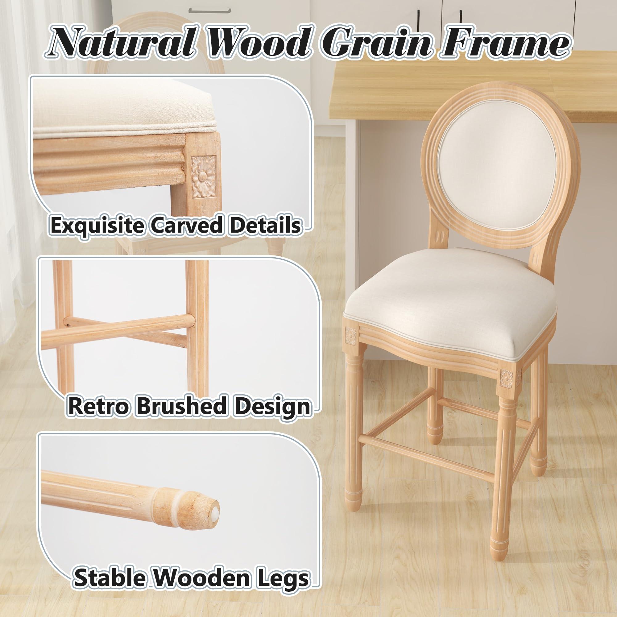 Fashionom Fashionom Barstools Set of 4, Upholstered French Country Bar Stools with Linen Fabric Back, 27 inch Seat Height Counter Chairs with Solid Wood Frame, for Kithcen Dining Room Farmhouse, Beige