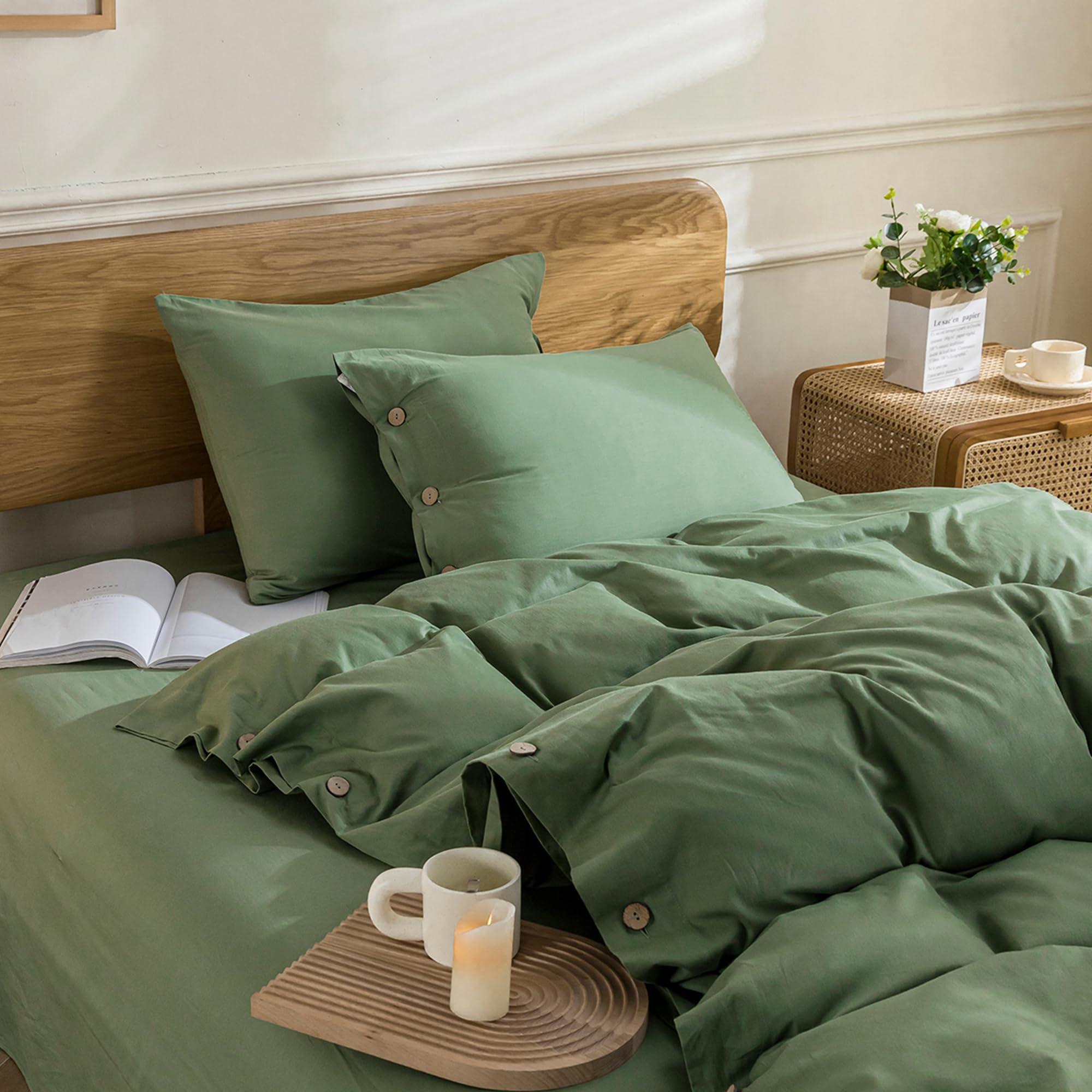 JELLYMONI JELLYMONI Cotton Duvet Cover Set - 100% Washed Cotton Linen Like Textured Comforter Cover, 3 Pieces Soft Bedding Set with Button Closure (Green, Super King 120\"x98\")