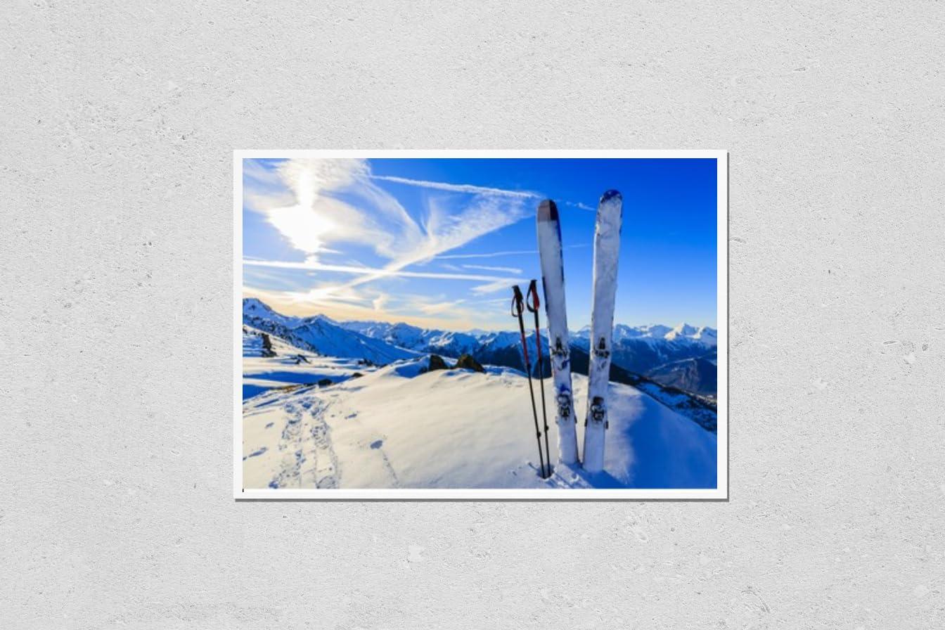 HardPress HardPress Wall Art Poster Print of Ski in Winter Season, Mountains and ski Touring equipments on The top at Sunrise