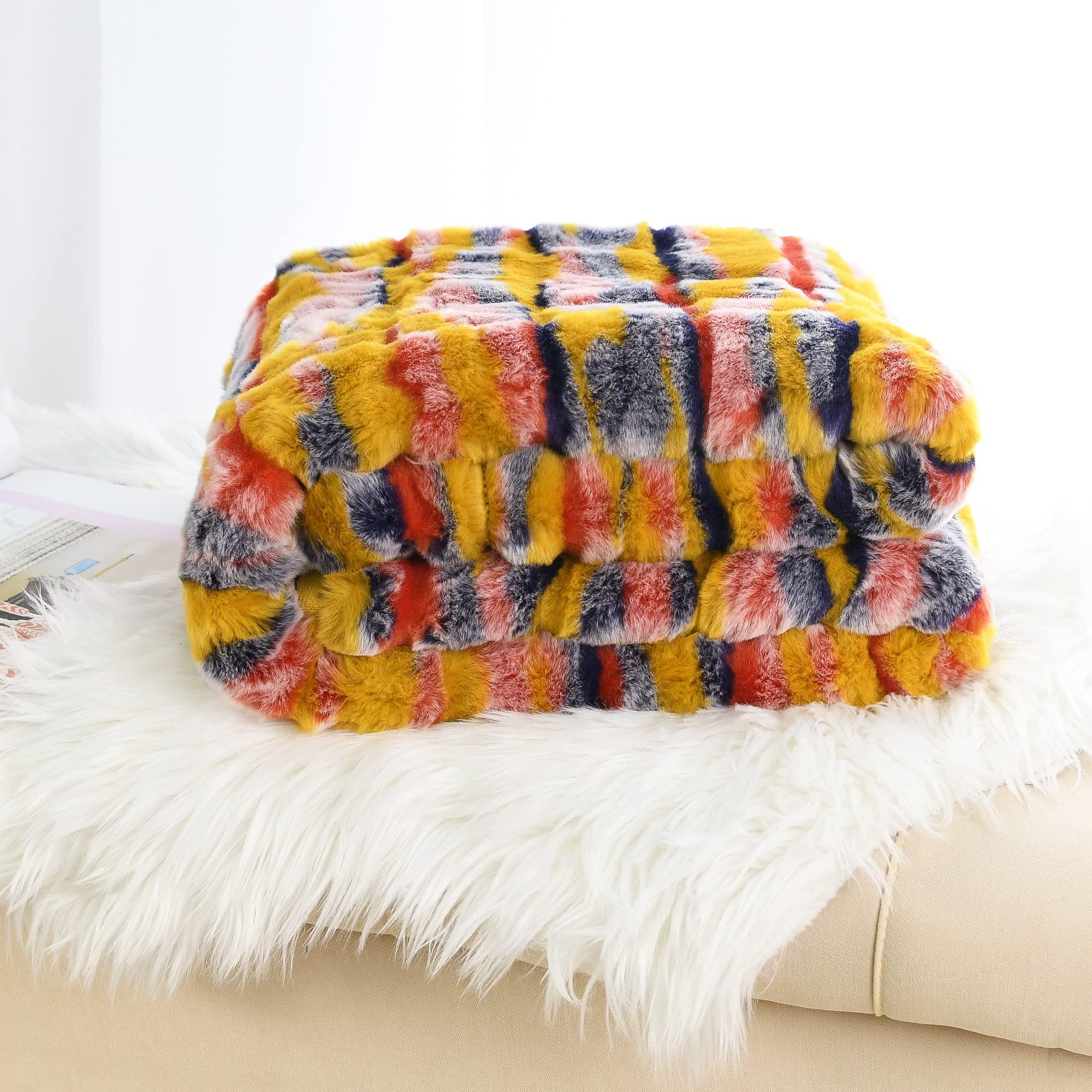 BYTIDE BYTIDE Multi Jacquard Tribal Style Rabbit Faux Fur Plush Throw Blankets with Micromink Back, Soft Warm Cozy Fluffy Fuzzy Luxury Throw for Couch Sofa Chair Bed Cover, 50\" x 60\", Orange Multi