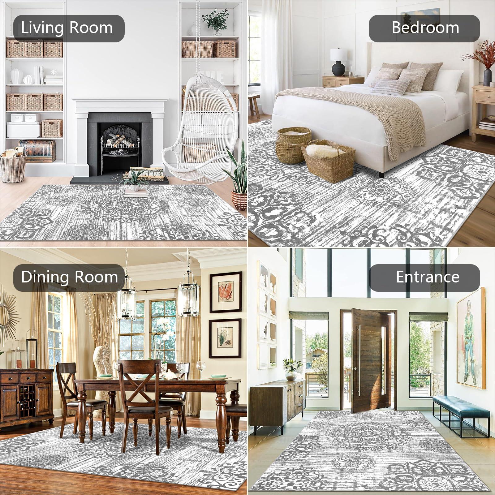 HEBE RUGS HEBE Washable Area Rug 9'x12' Non Slip Soft Distressed Medallion Bedroom Rug Boho Living Room Rug Accent Throw Rugs Vintage Entry Rug Floor Carpet for Dining Room Bathroom