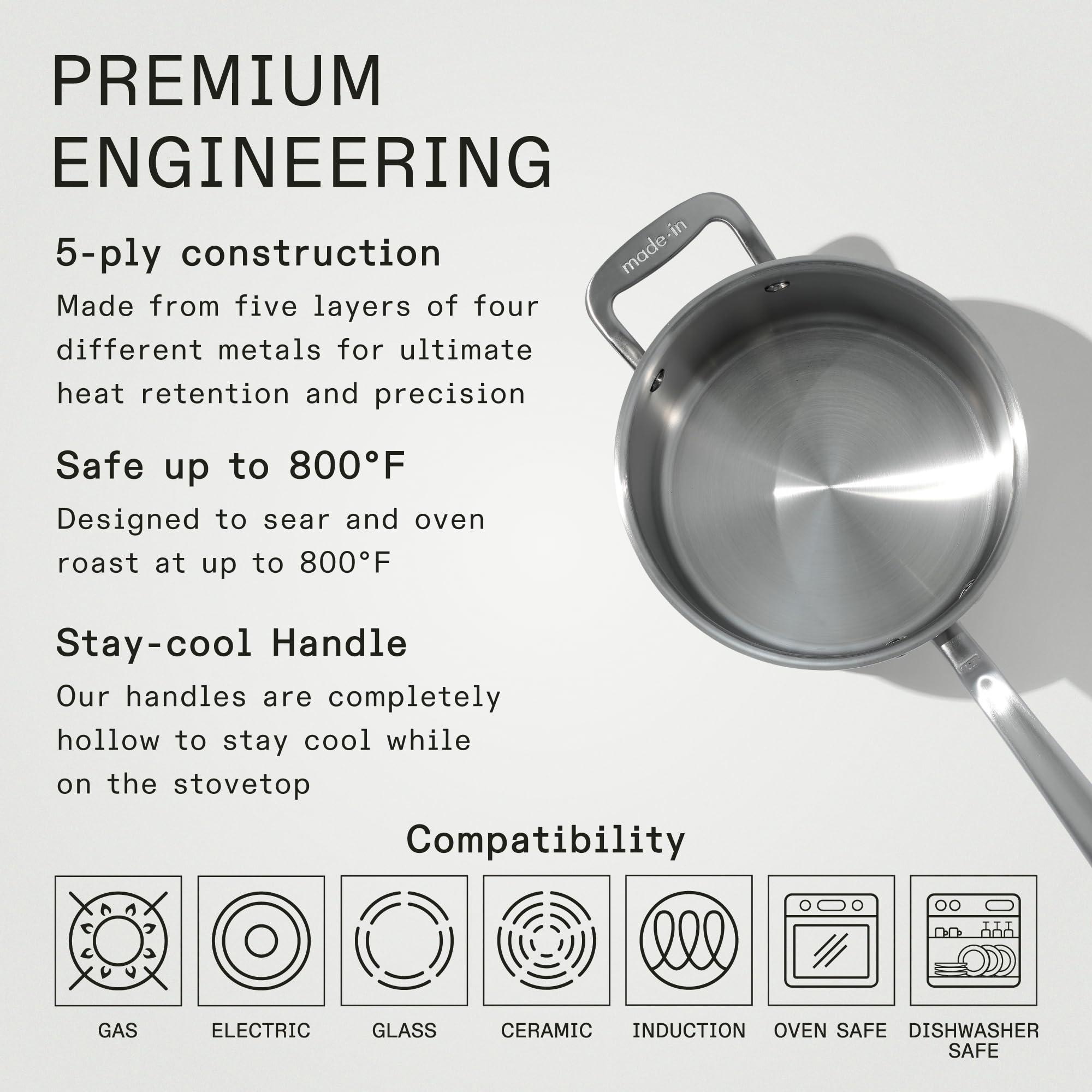 Made In Made In Cookware - 4 Quart Stainless Steel Saucepan with Lid - 5 Ply Stainless Clad Sauce Pan - Professional Cookware - Crafted in Italy - Induction Compatible