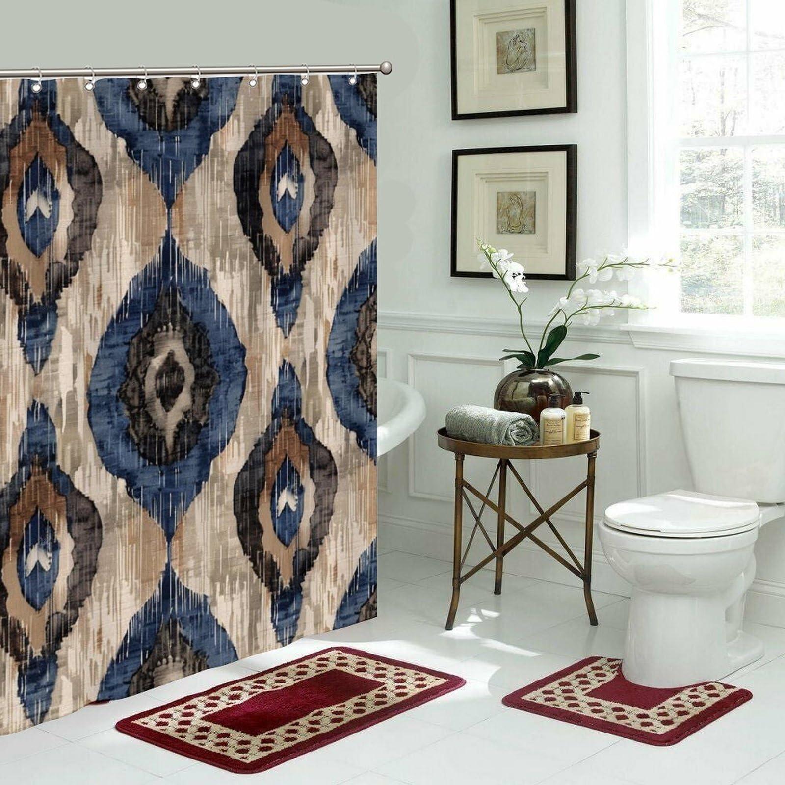 Yinrune Yinrune Indigo Ikat Abstract Blue Waterproof Polyester Fabric Shower Curtain with Hooks, 60x72 Inch Shower Curtains Bathroom Curtains Decor, Shower Curtain Sets Machine Washable