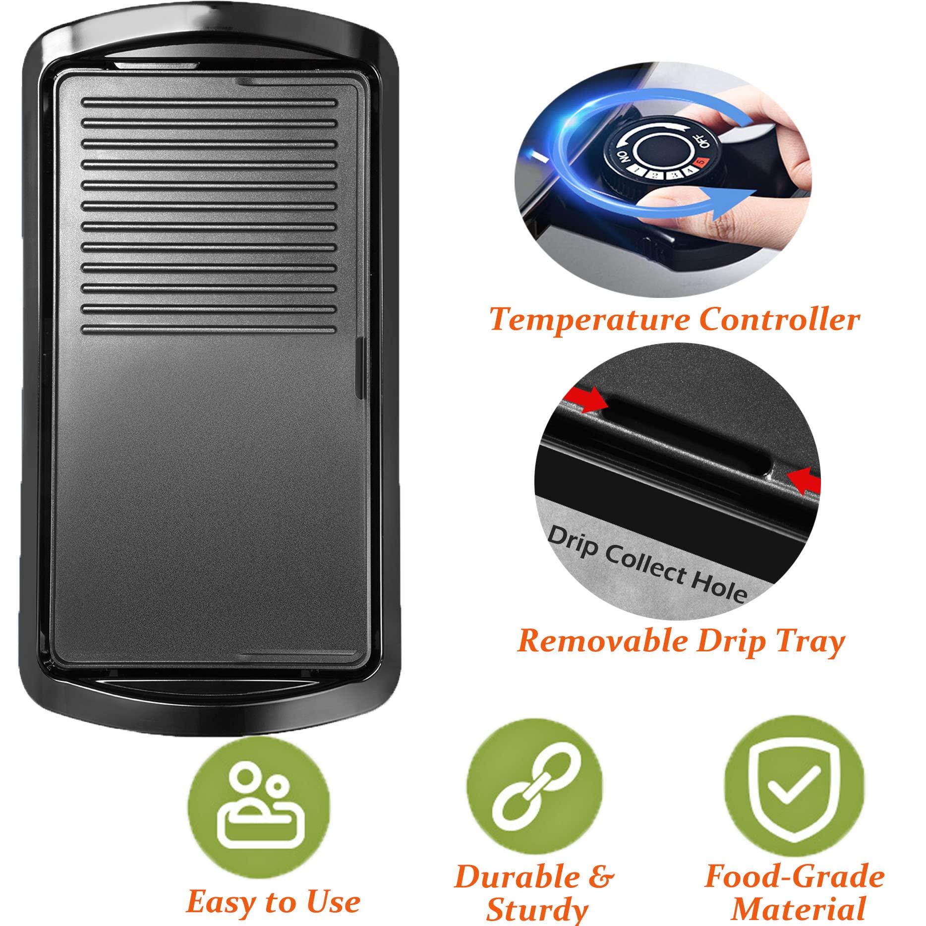 Vestynska 2-in-1 Large Nonstick Electric Griddle, 1600W Pancake Griddle, Heat Up Fast Evenly Smokeless Griddle Pan, Temperature Control, Non-stick Coating, Drip Tray, for Meal Indoor BBQ Grill Party (21\'\'x11\'\')