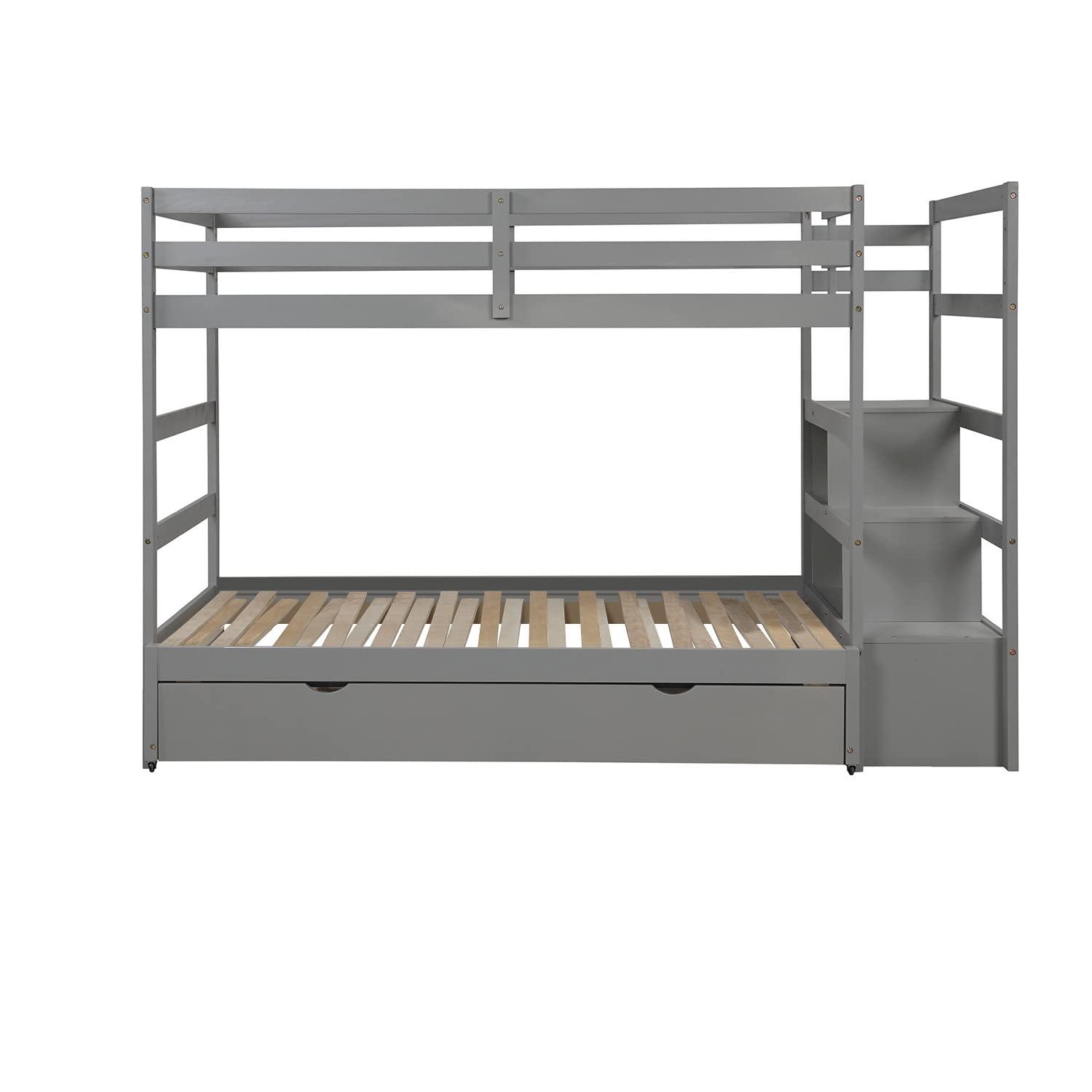 XD Designs Modern Twin Over Twin to King Extendable Bunk Bed with Trundle and Safe Storage Staircase, Solid Wood Bunk Bed Frame with Drawer and Full-Length Guardrail for Kids Teens Aldults (Grey)