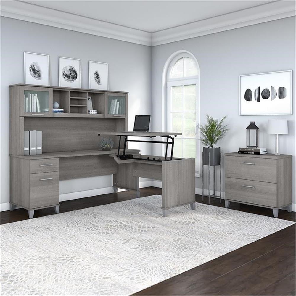 Bush Furniture Bush Furniture Somerset 72W 3 Position Sit to Stand L Shaped Desk with Hutch and File Cabinet in Platinum Gray