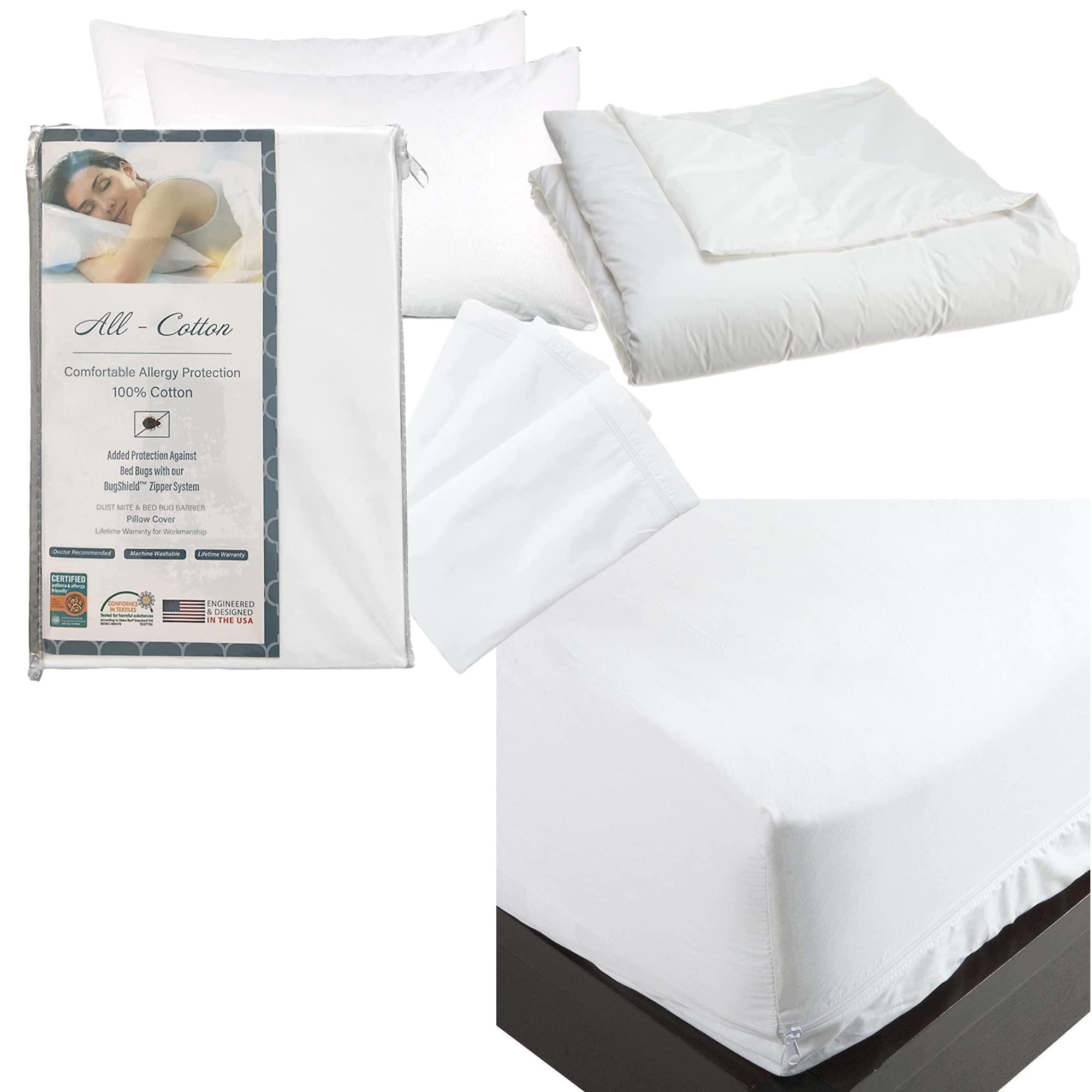 National Allergy National Allergy Complete Bedding Set - Queen Size - 100% Cotton Hypoallergenic Pillow (2 Pack) & Mattress Protector (12-Inch Deep), & Duvet Cover