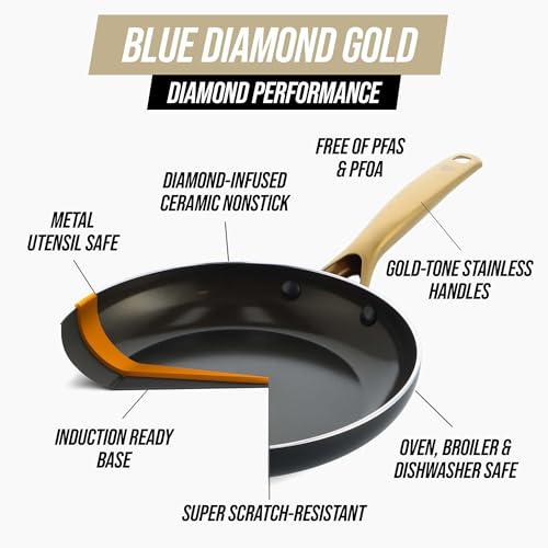 Blue Diamond Blue Diamond Gold 14 Piece Cookware Pots and Pans Set, Induction Suitable, Diamond Infused PFOA & PFAS-Free Ceramic Nonstick, Durable Metal Utensil Safe, Dishwasher Safe, Gold Handle, Black