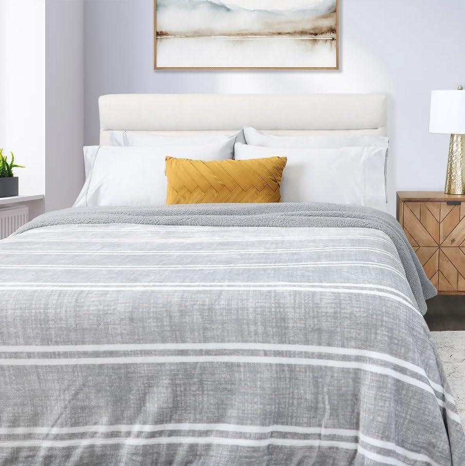 Life Comfort Life Comfort Reversible Sherpa Plush Blanket Size Queen, Light Grey