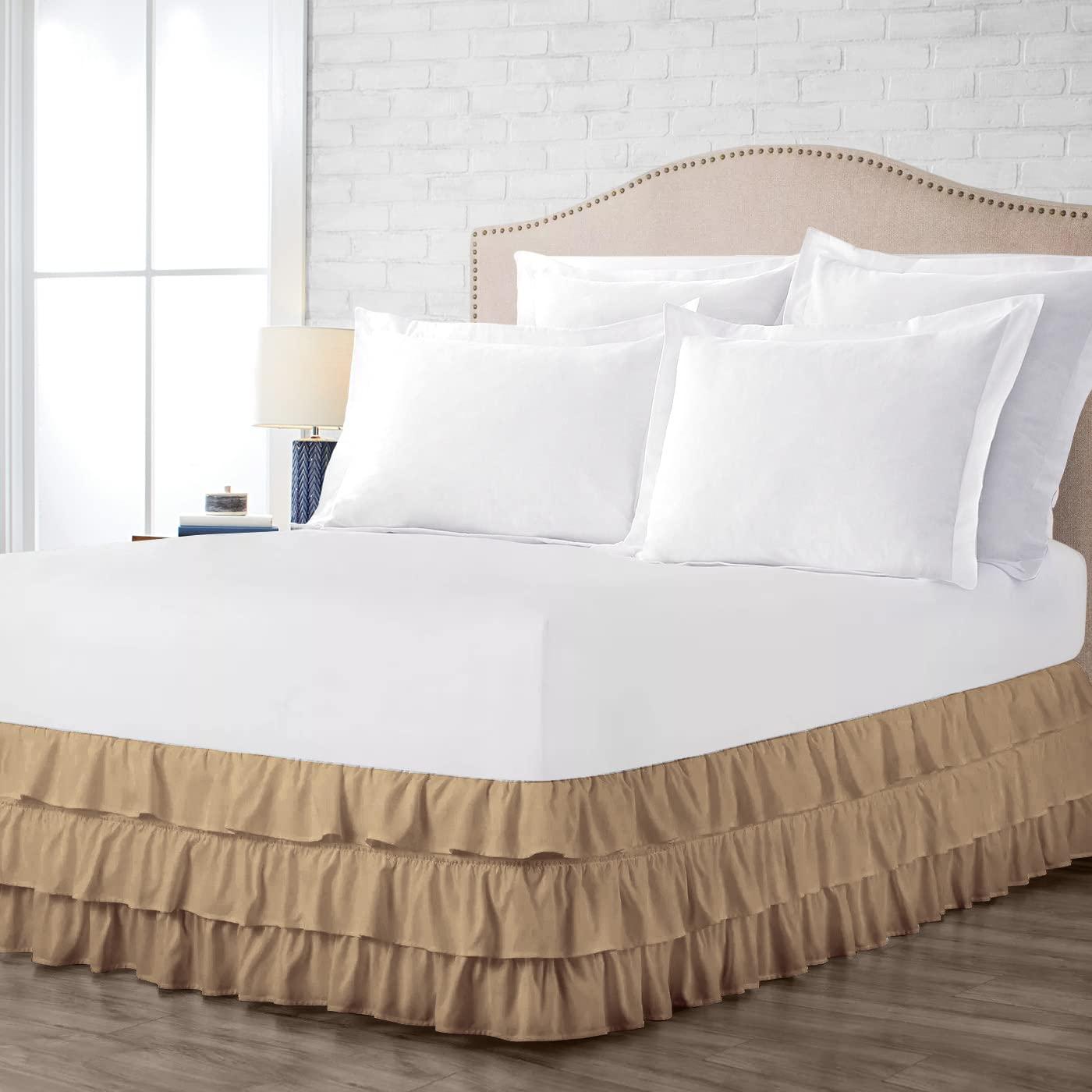 Omanium Multi-Ruffle Bed Skirt, Soft Multi Ruffle Bed Skirt Elastic Dust Ruffles with Wrap Around Bed Skirt Easy Fit with 18 Inch Drop 100% Cotton 800 Thread Count Bed Skirt (King XL, Taupe)
