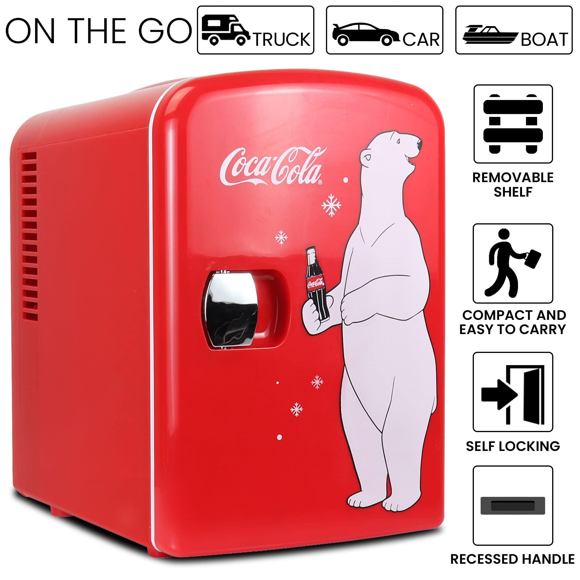 Koolatron Coca Cola Mini Fridge for Bedroom Skincare Cosmatic Office 4L Small Refrigerator Classic Coke Bottle Portable Fridge Mini Fridge for Dorm Fridge Ideal for Snacks Drinks Red