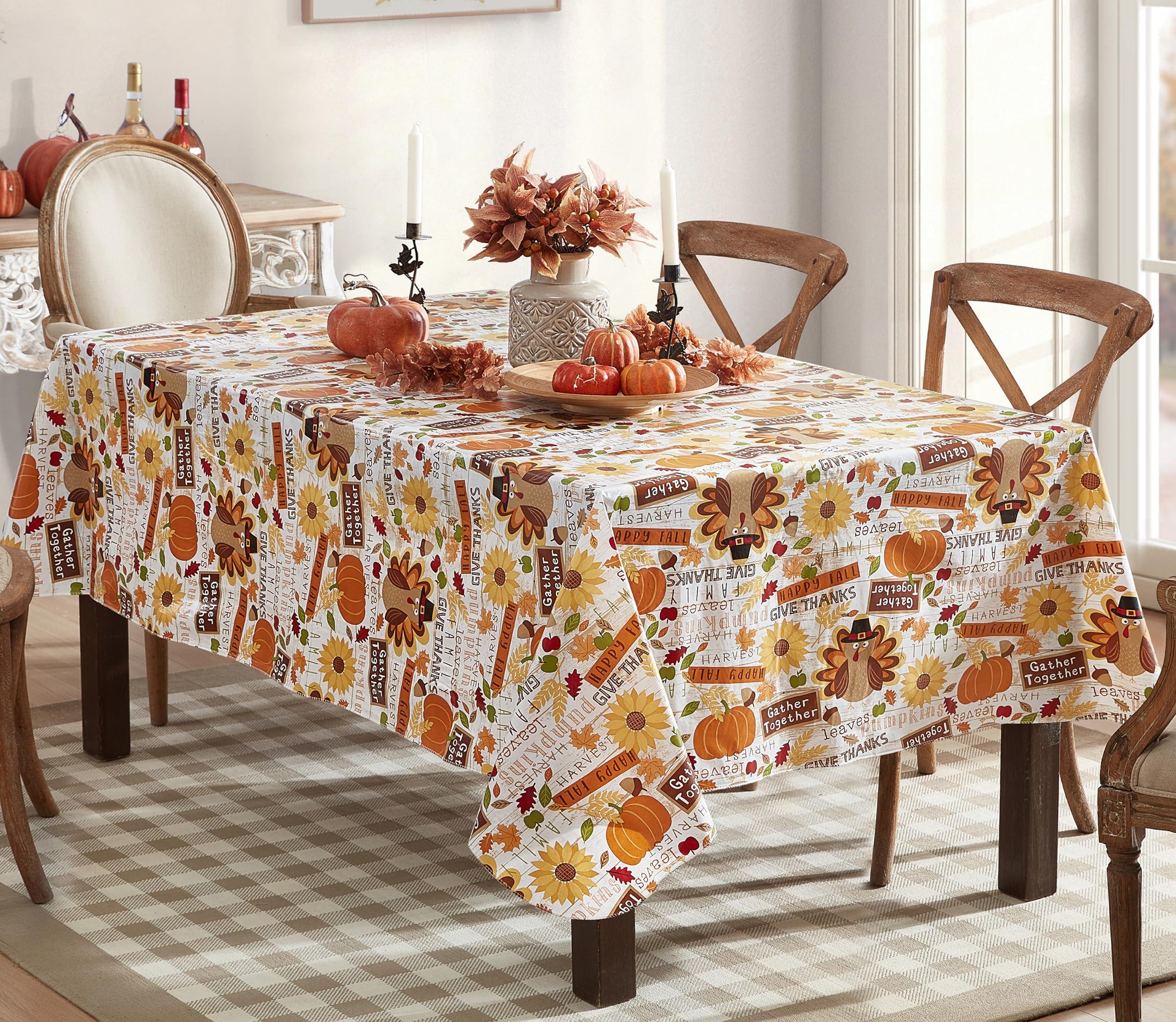 Newbridge Newbridge Happy Thanksgiving Turkey Vinyl Flannel Backed Tablecloth, Whimsical Fall Harvest Kitchen Dining Room Easy Care Vinyl Tablecloth with Flannel Backing Tablecloth, 52 x 70 Oblong/Rectangle