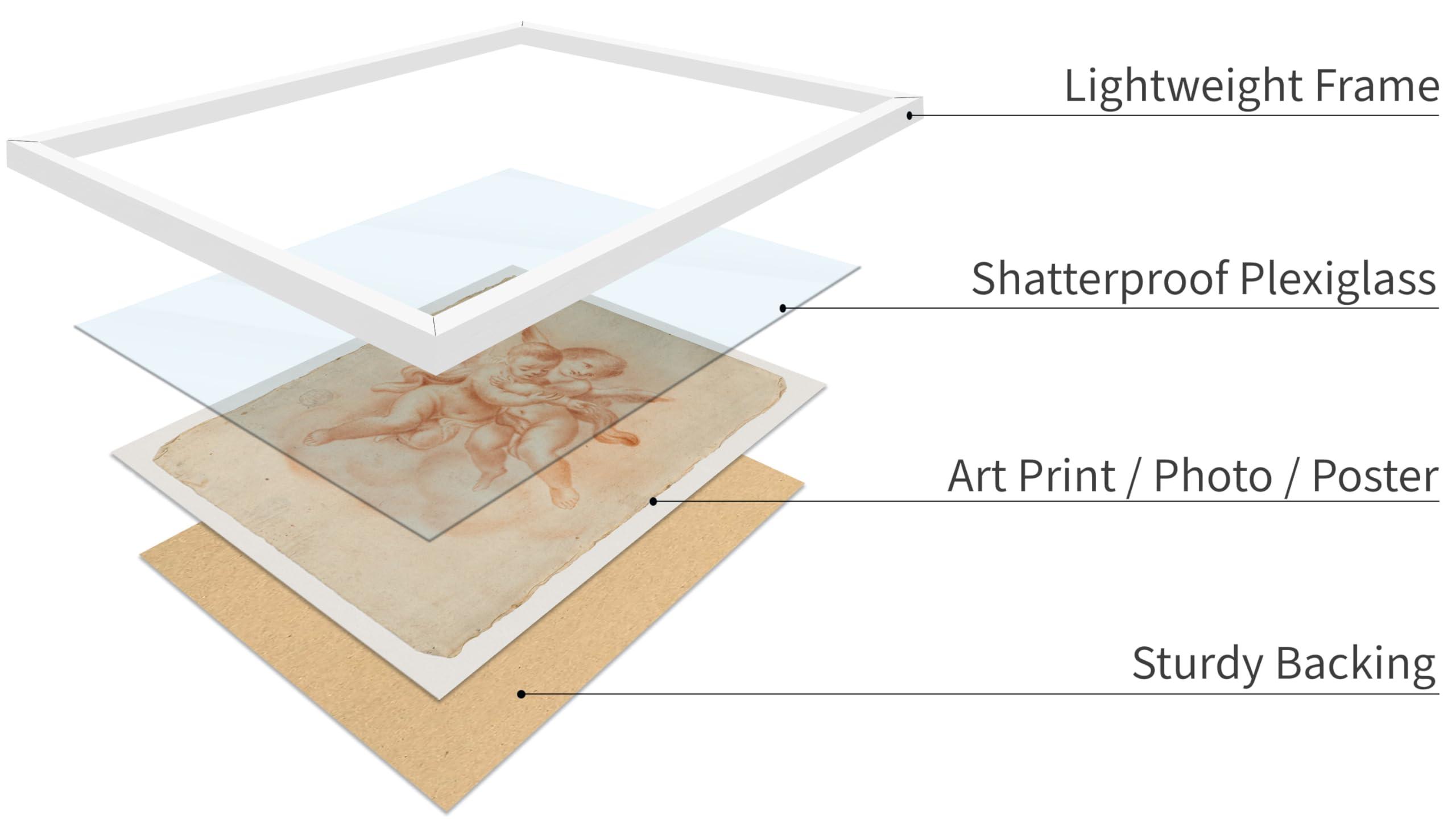 Monem Art Studio Monem Art Vintage Winged Putti in Clouds Poster - Retro Embrace Print - Mythology Art - Putto Art - Gift for Men & Women - Decor for Office, Kid\'s Room or Living Room, 16x20 White Framed