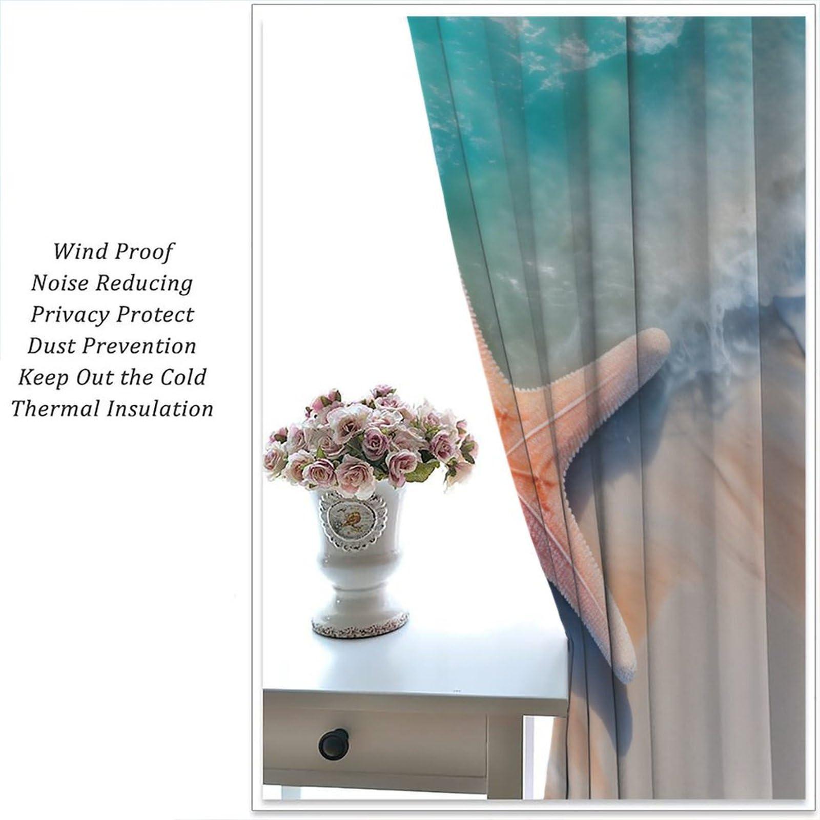 YungHo YungHo Starfish Curtains, Summer Holiday with Seashells Starfish and Palm Tree Ocean Print Window Drapes, 26" W x 84" L x2Blackout
