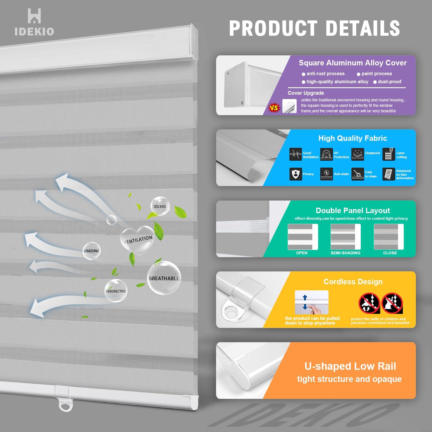 IDEKIO Zebra Blinds for Windows,Custom Size Cordless Zebra Roller Window Blinds, Dual Layer Blackout Roller Shades,Day and Night Blinds for Door,Office,Light Grey,47 1/8" W x [20" H to 98" H Customize]