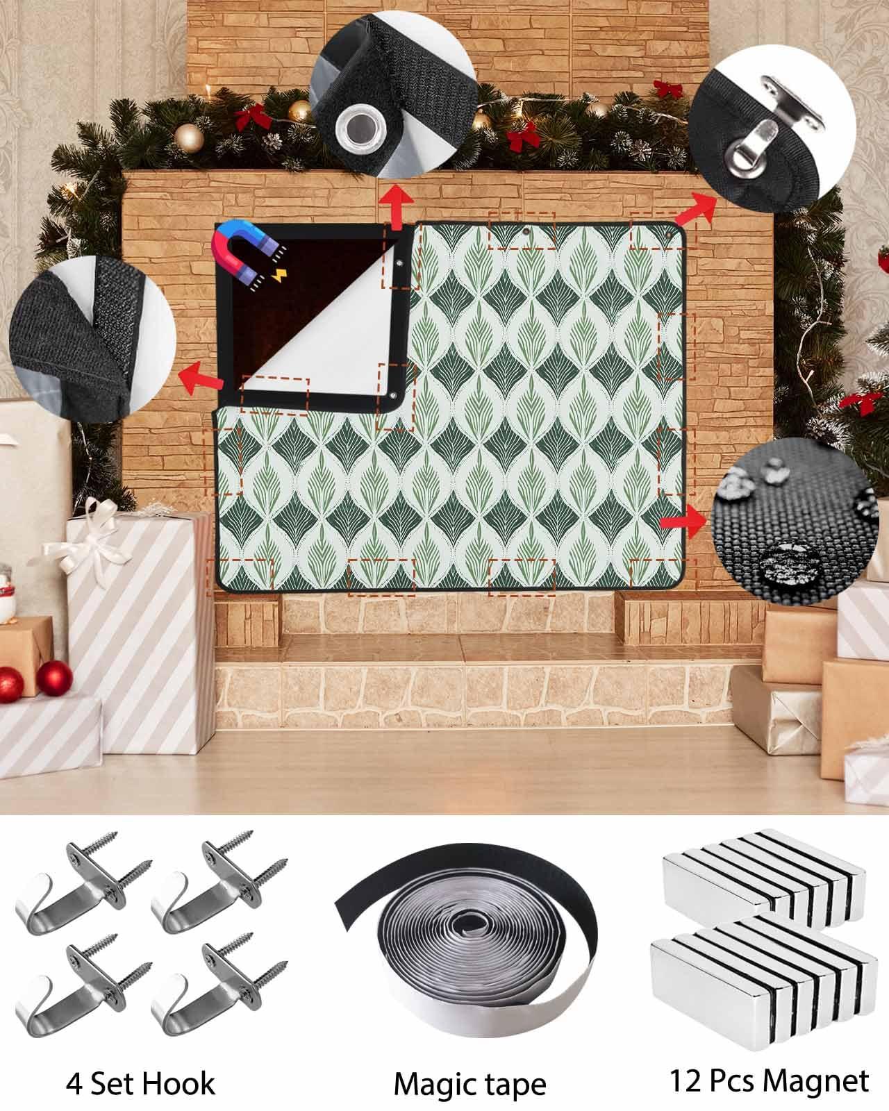 Onekaccu Teal Gray Fireplace Cover Decorative, Magnetic Fireplace Cover Indoor Fireplace Blanket Insulation Fireplace Draft Stopper Save Energy Abstract Geometric Leaves Modern Art 51\" Wx39 H