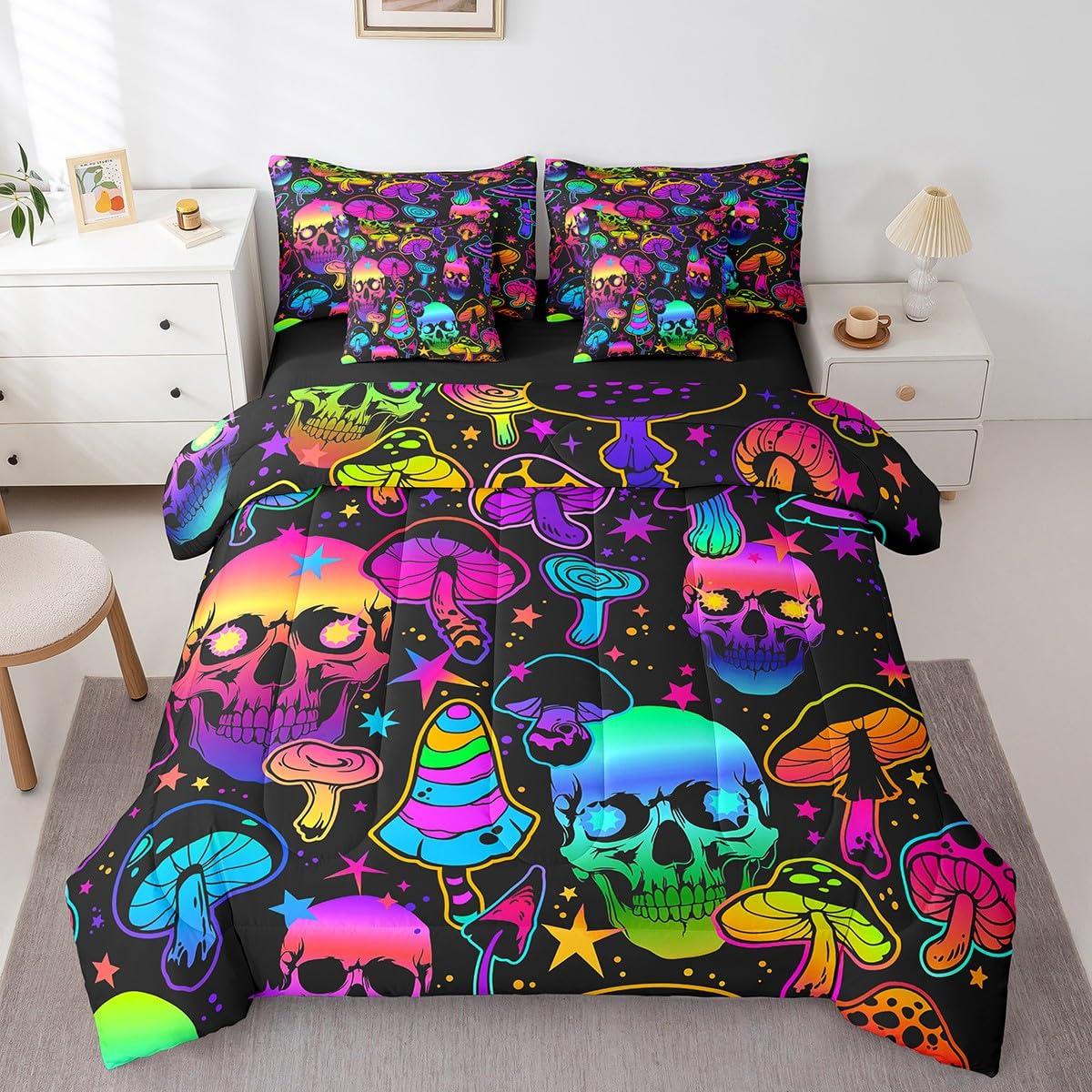 Erosebridal Erosebridal Sugar Skull Bed in a Bag Queen Comforter Set 7 Piece,Gothic Exotic Bone Bedding Sets Rainbow Mushroom Sheet Set with Comforter