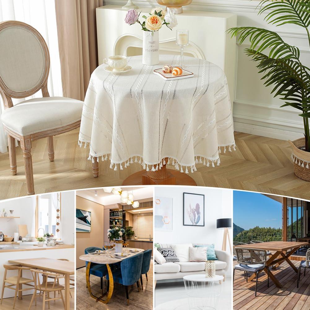 meioro meioro Rustic Table Cloth, White Round 39\" Textured Cotton Linen Fabric Tablecloth with Tassel, Heavy Duty Farmhouse Table Cover Embroidery Stripe Round Tablecloths for Dinning Wedding Party