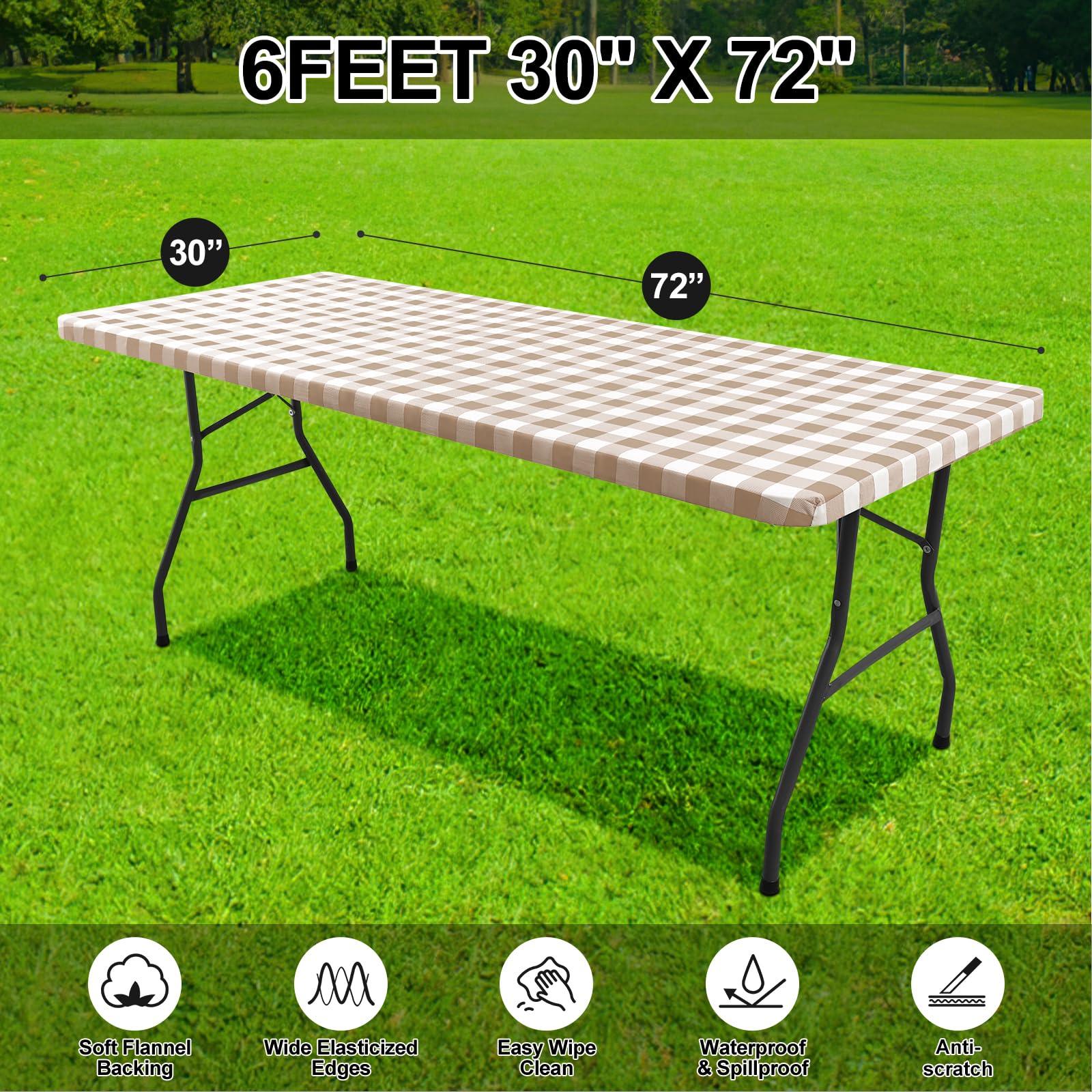 smiry smiry Rectangle Picnic Table Cloth, Elastic Waterproof Fitted Vinyl Tablecloth for 6 FT Tables, Flannel Backed Buffalo Plaid Table Covers for Dining, Camping, Outdoor (White and Khaki, 30\" x 72\")