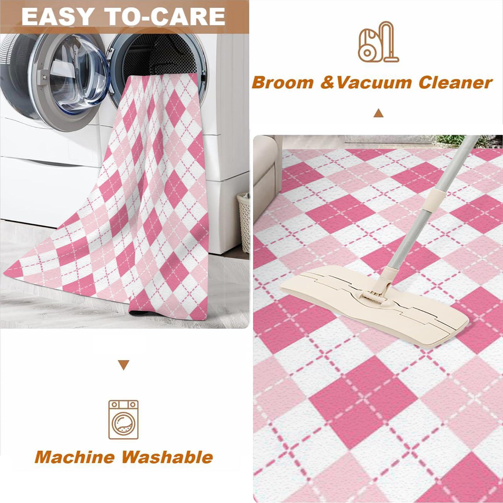 SRAELO Pink White Checkered Rug 2x6ft Geometric Diamond Texture Rugs for Living Room, Machine Washable Low-Pile Abstract Checkered Pattern Floor Carpet for Kids Boys Girls Playing Room Dorm