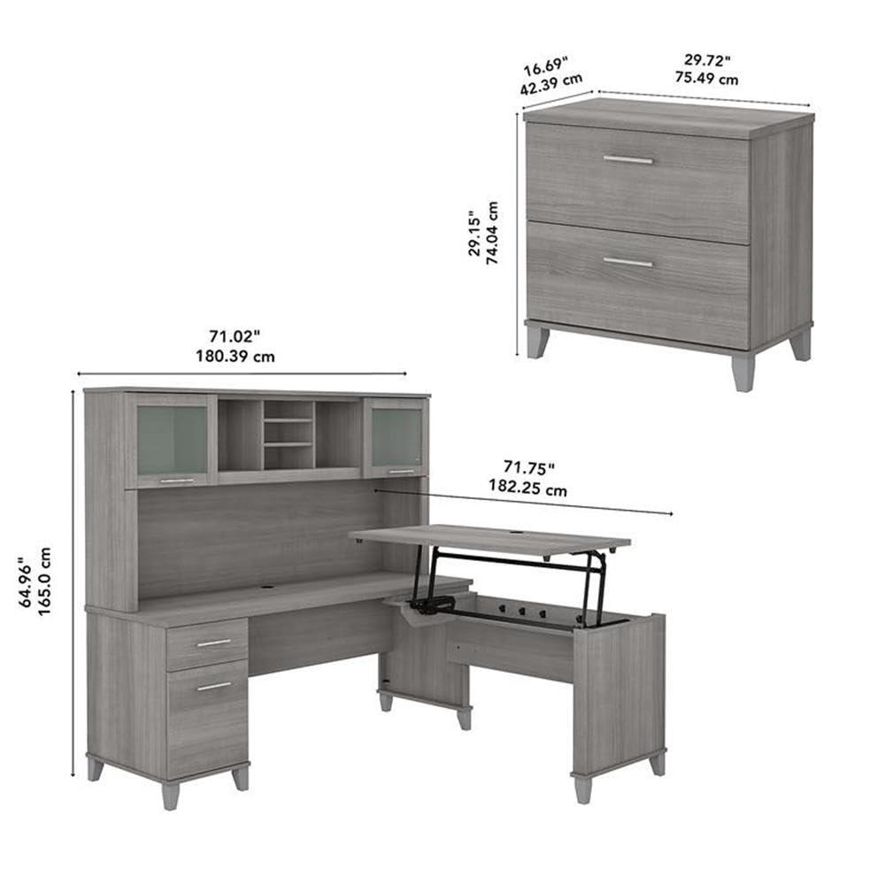 Bush Furniture Bush Furniture Somerset 72W 3 Position Sit to Stand L Shaped Desk with Hutch and File Cabinet in Platinum Gray