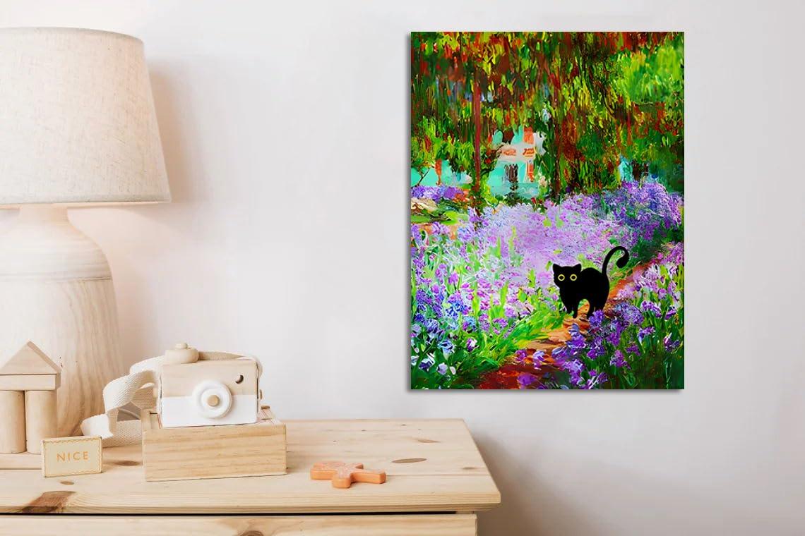 FOSULA Monet Cat Wall Art - Claude Monet Cat Wall Art Prints - Cat Monet Art - Monet Irises Garden Cat Canvas Print - Claude Monet Cat Poster - Monet Irises Garden Cat Wall Decor - Framed Ready to Hang