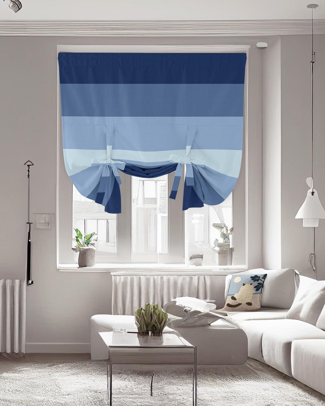 Singingin Singingin Tie Up Curtains Tie Up Window Shade, Navy Blue Gradient Stripes Adjustable Balloon Curtains Blackout Tie Up Curtains for Windows Rod Pocket Panel, 46" W x 63" L