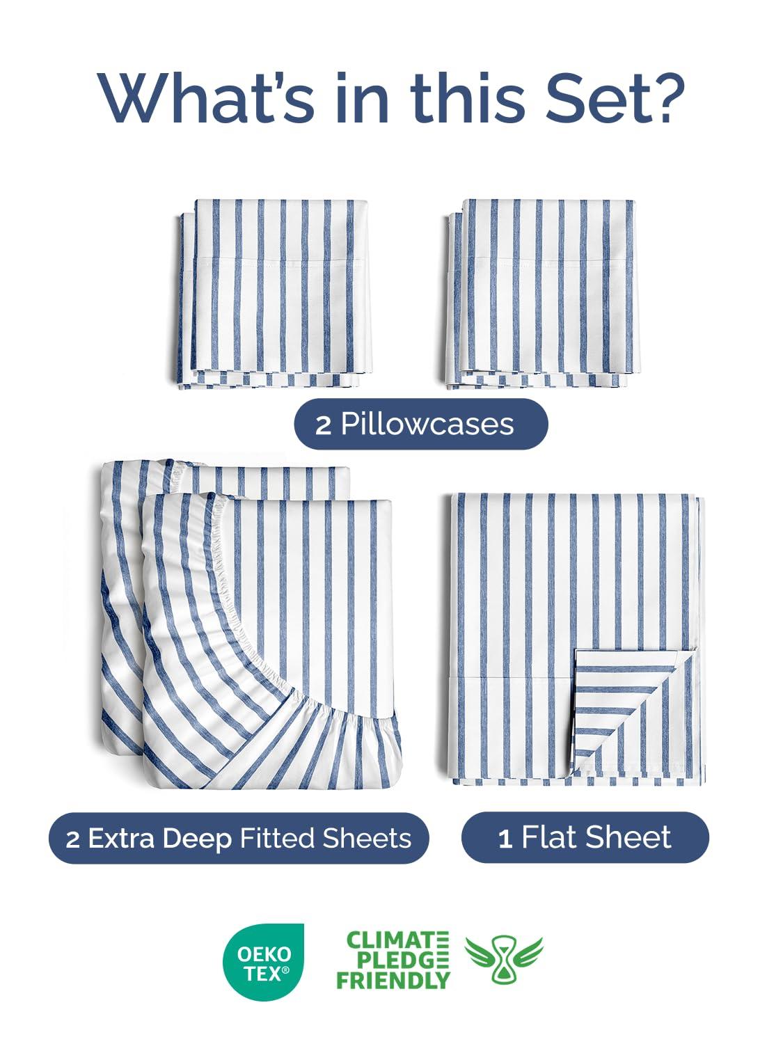 CGK Unlimited Extra Deep Split King Sheet Set - 7 Piece Breathable & Cooling Sheets - Hotel Luxury Bedding Set 18-24 Inch Extra Deep Pockets - Easy Fit, Soft, Wrinkle Free & Comfy - Blue Stripes, Split King Size