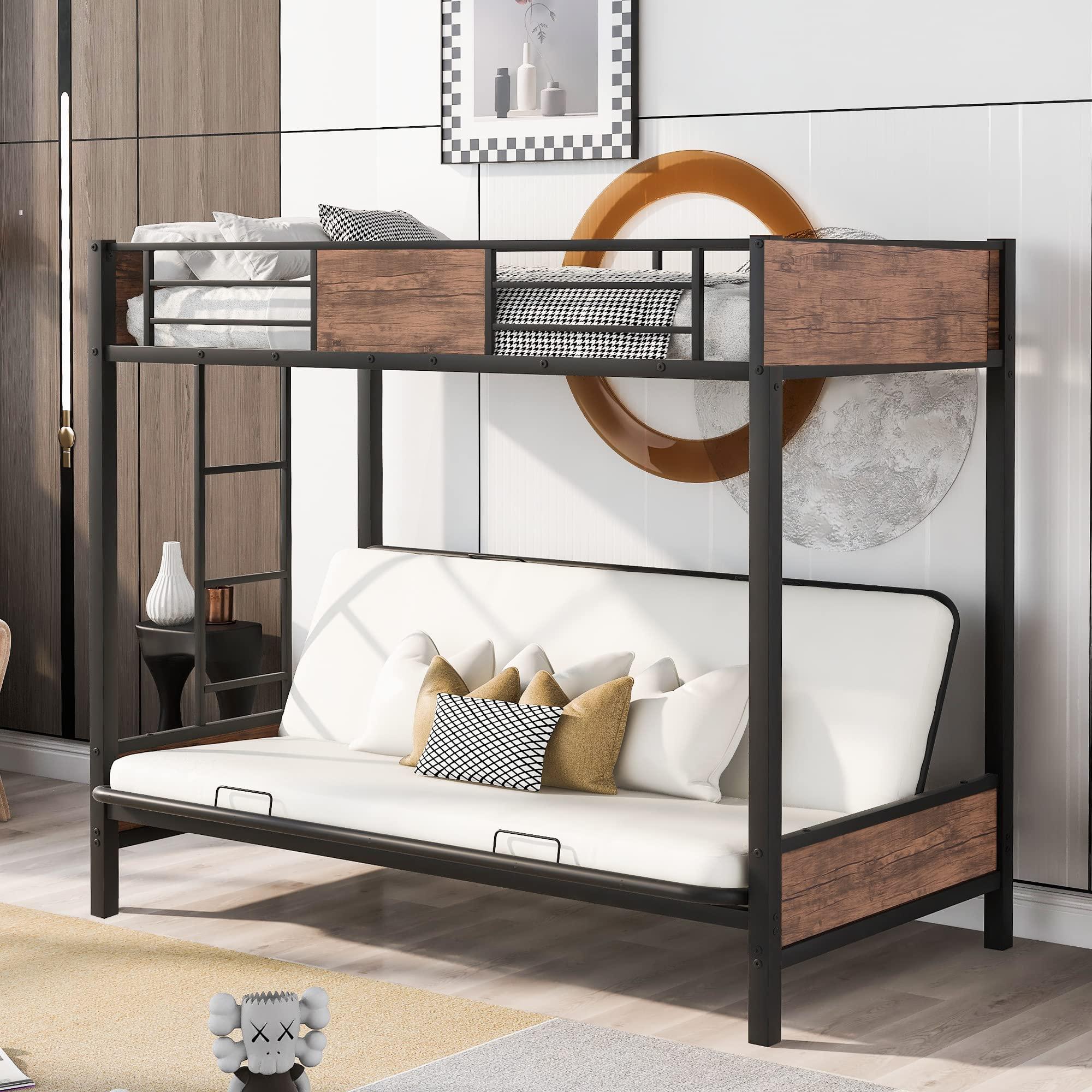 HomeLoft Basics Twin-Over-Futon Bunk Bed, Metal Futon Bunk Bed Frame with Guardrails and Ladder(Black)