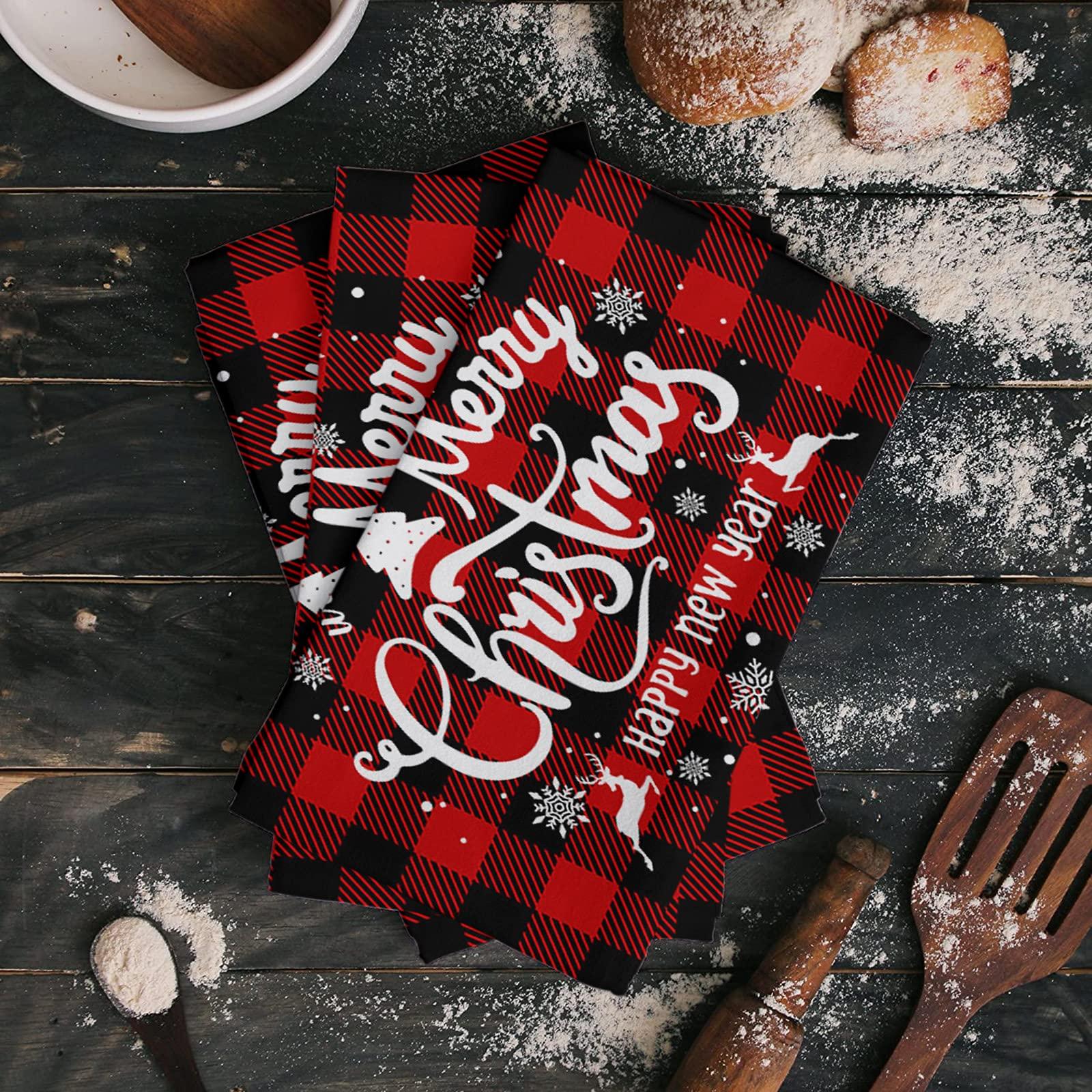 YOKOU YOKOU Kitchen Towel, Merry Christmas Tree Snowflakes Elk Winter Red and Black Plaid Absorbent Dish Cloths Soft Towels Hand Towels Tea Towels for Bathroom Tubs Shower, Pack of 1, 18x28 Inches