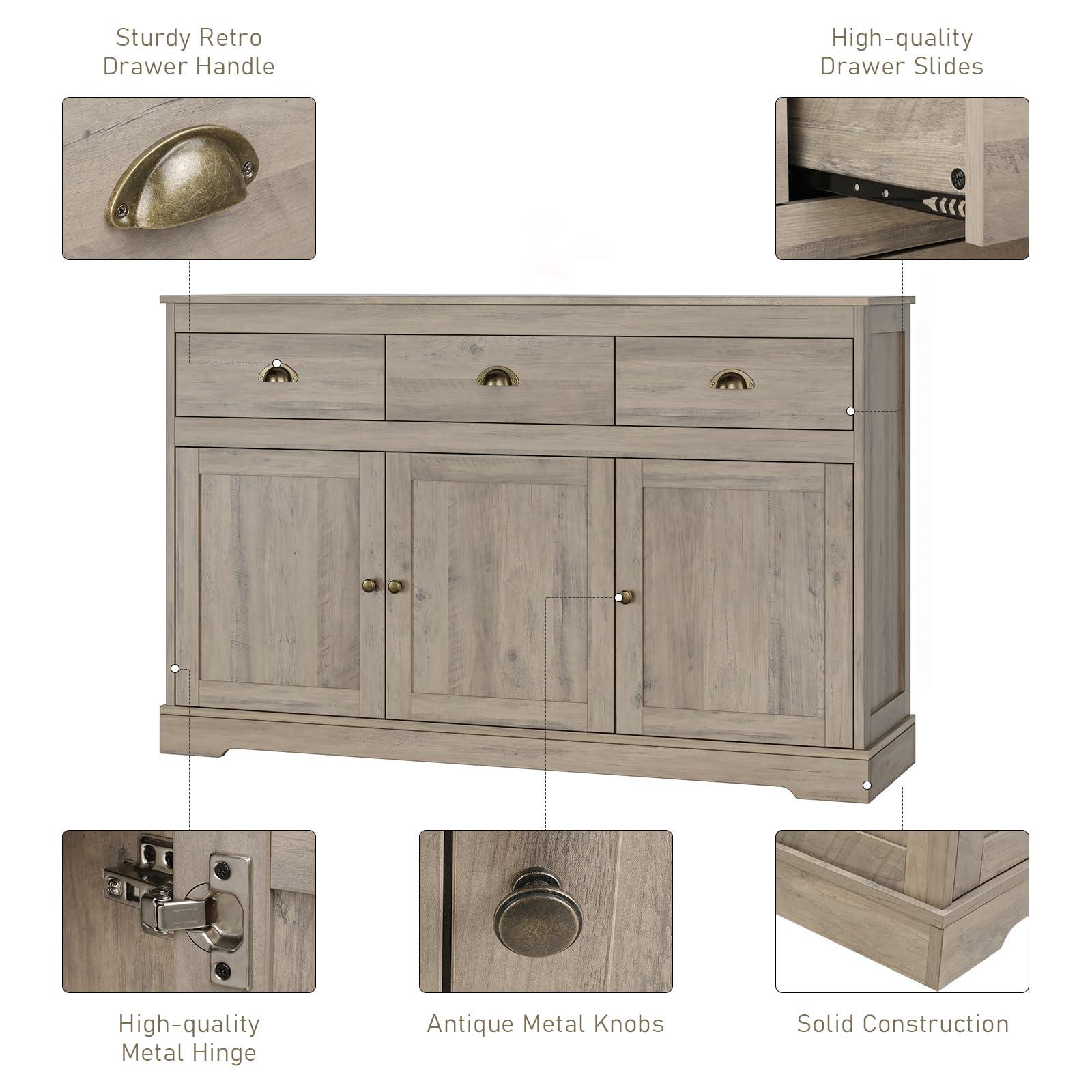 Keyluv Keyluv Buffet Storage Cabinet, Sideboard Farmhouse Server Bar Wine Cabinet with 3 Drawers & 3 Doors Adjustable Shelves Console Table for Kitchen, Dining Living Room Cupboard, Grey Wash
