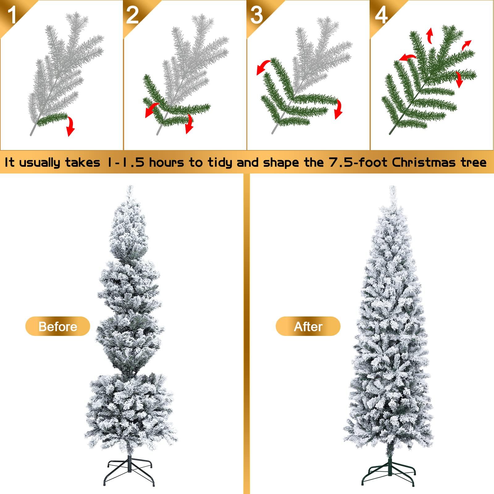 MVSRWLL 7.5FT Prelit Pencil Christmas Tree Artificial Snow Flocked Slim Skinny Christmas Trees with 350 LED Warm White Lights for Christmas Indoor Outdoor Decoration