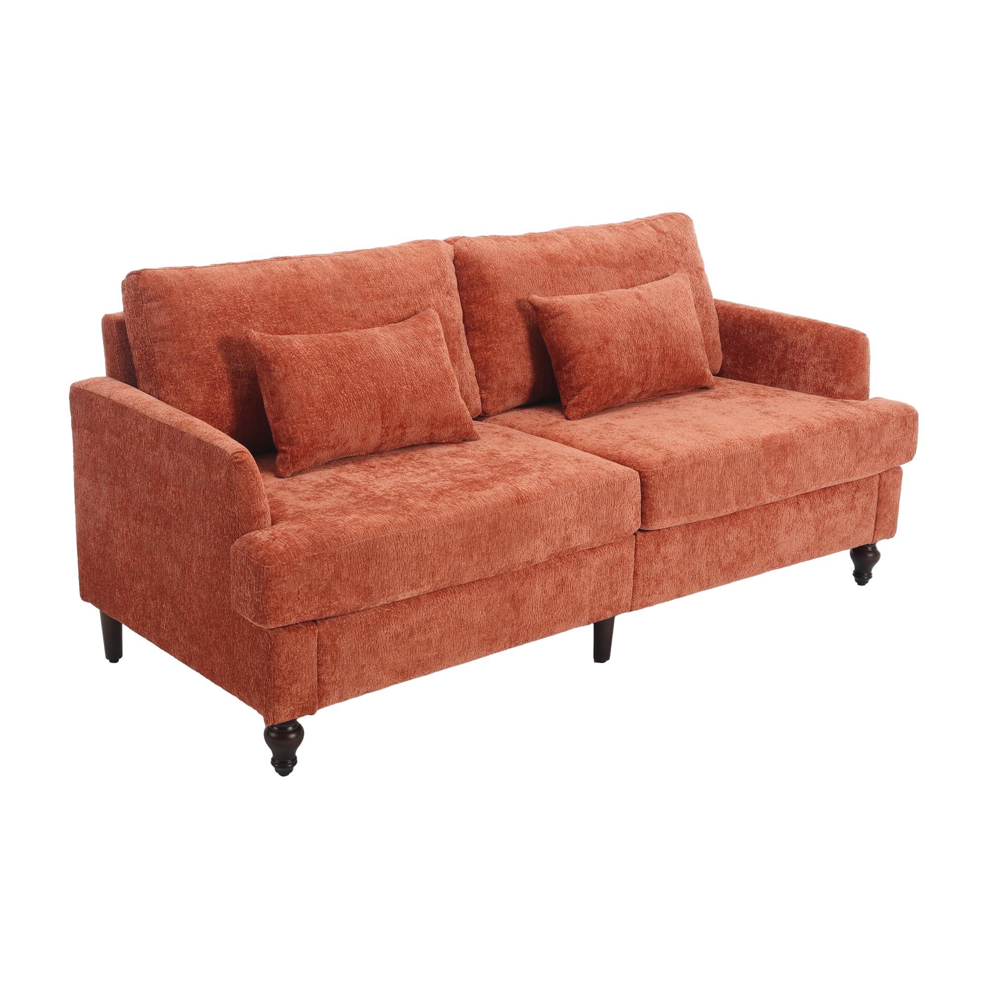 LIANGFU 68.9" Mid Century Modern Sofa, Loveseat Sofa, Chenille Upholstered Sofa, Two Seater Couch, Mini Cloud Couch, Comfy Couches for Living Room, Lounge Sofa with Brown Wood Feet for Bedroom (Dark Orange)