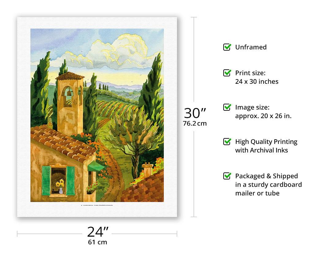 Pacifica Island Art Tuscan Afternoon - Tuscany Italy - Italian Villa Vineyards Cypress Trees - From an Original Watercolor Painting by Robin Wethe Altman - Fine Art Rolled Canvas Print 20in x 26in