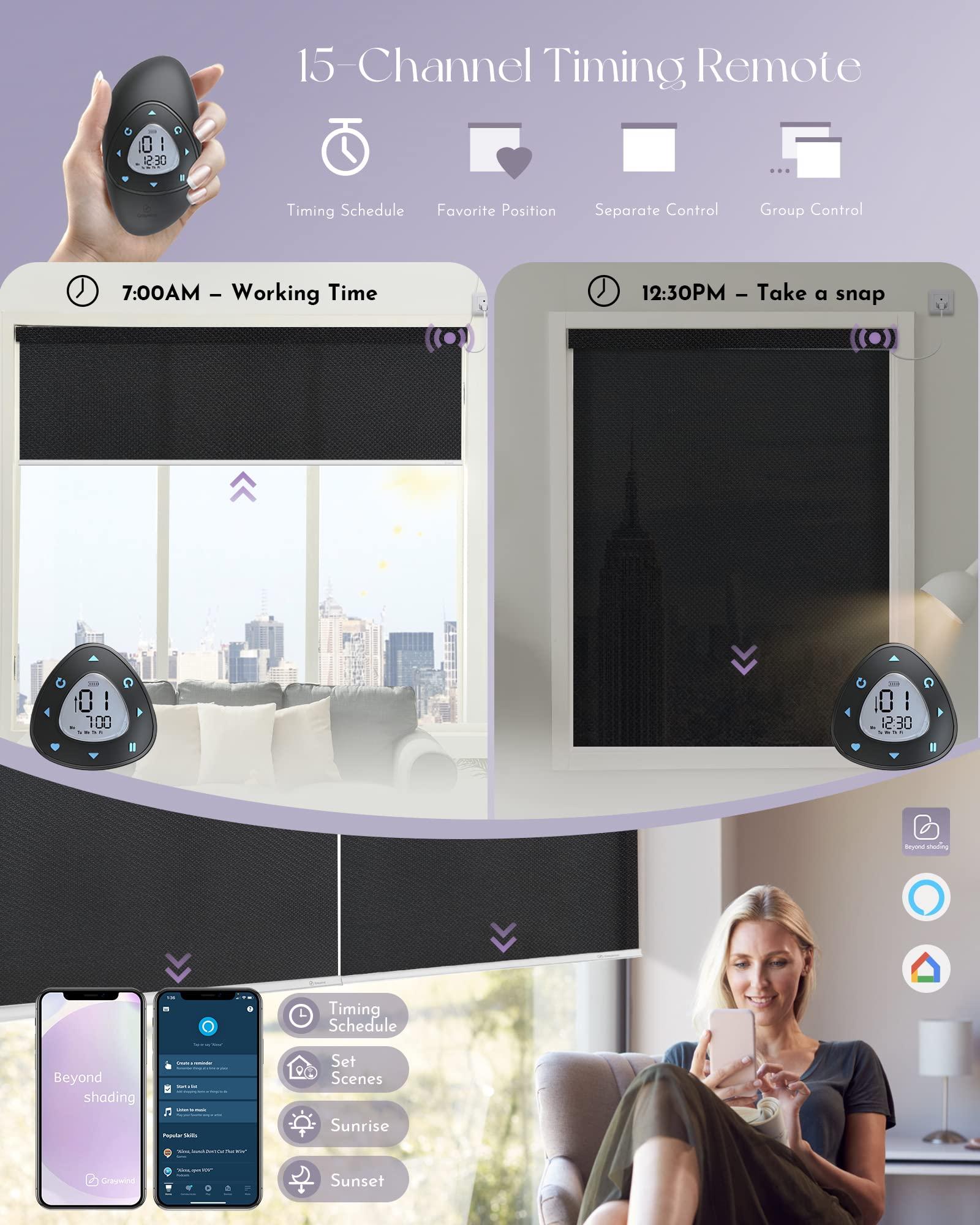 Graywind Graywind Motorized Solar Shades Compatible with Alexa Google Hardwired WiFi Smart Light Filtering Blind Remote Control Automated Blinds Electric Window Shade, Custom Size (5% Openness Black)