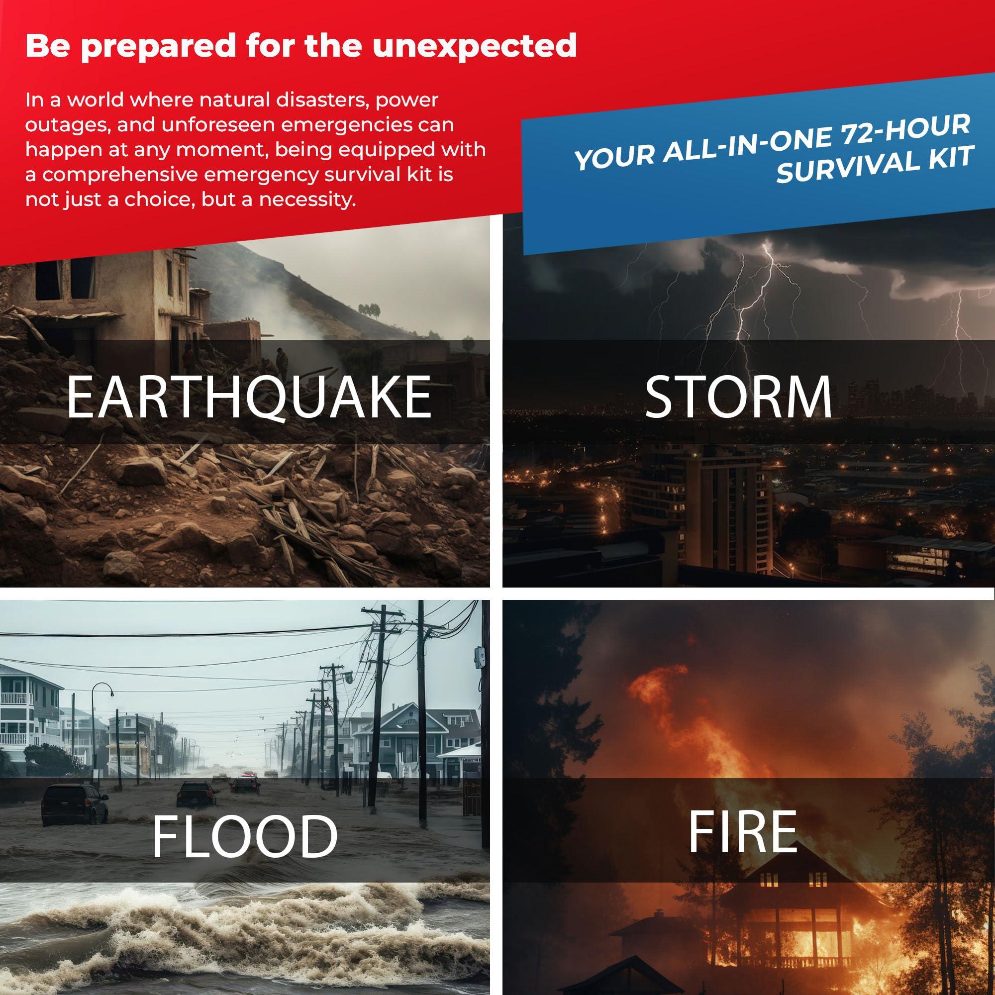 FIRST MY FAMILY A DISASTER PREPAREDNESSCOMPANY First My Family All-in-One 4 Person, 72 Hour Emergency Survival Kit for Fires, Earthquakes, Hurricanes, Floods, Tsunami and Other Disasters - Premium Black Backpack