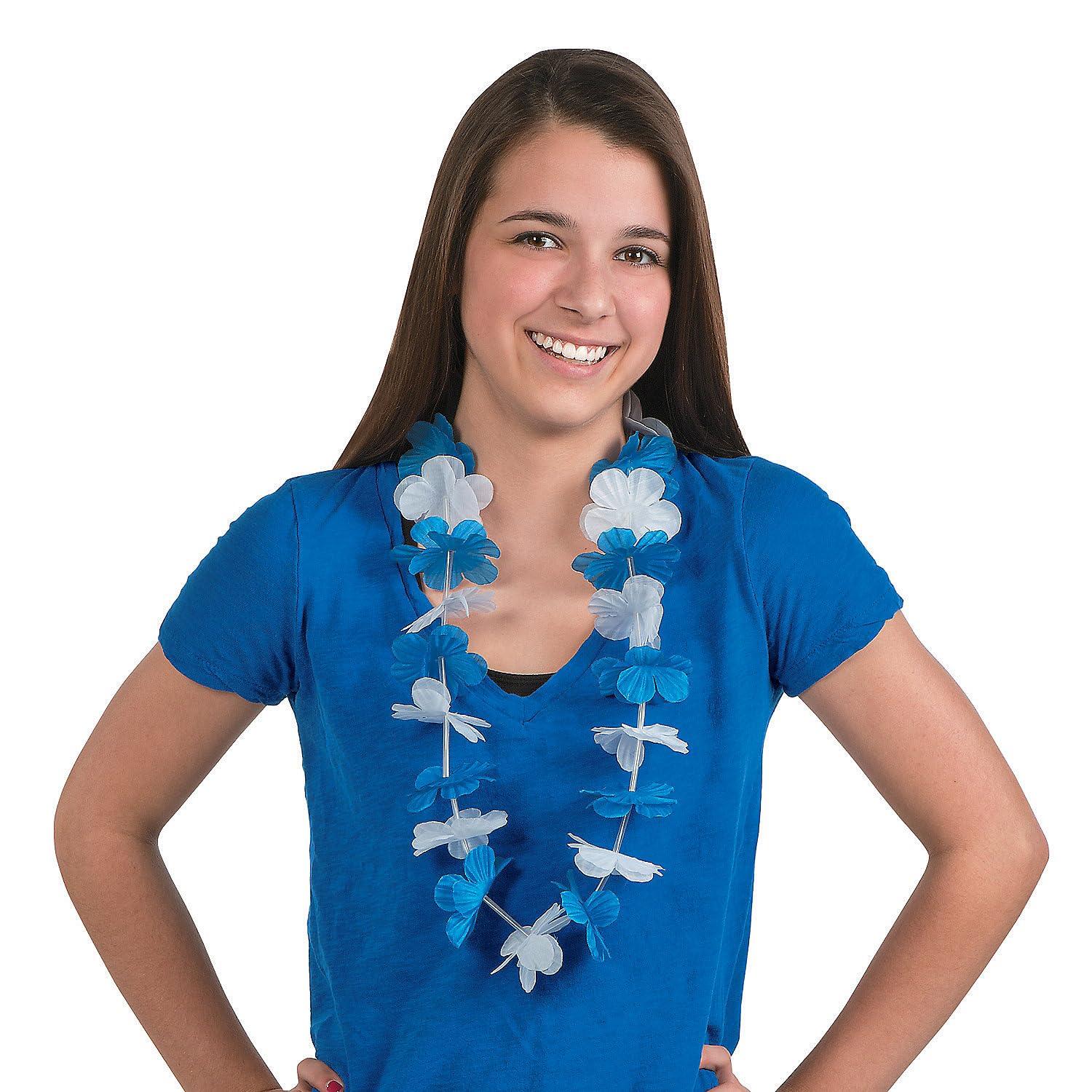 Fun Express Blue and White Hawaiian Flower Leis - Set of 12 - Luau, Party and School Spirit Supplies