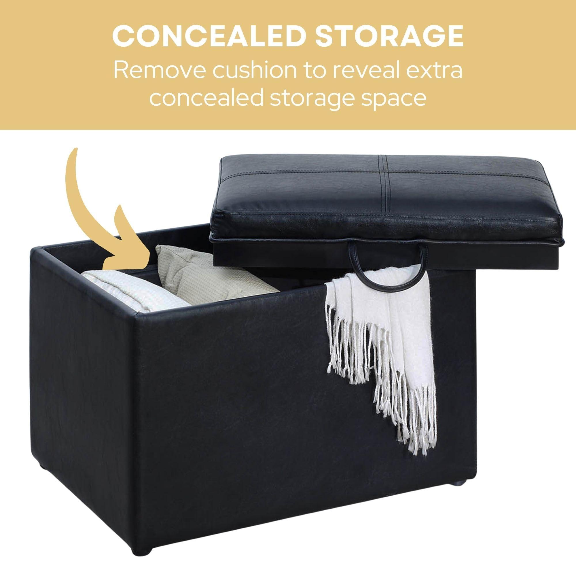 Convenience Concepts Convenience Concepts Designs4Comfort Accent Storage Ottoman 22.75\" - Modern Foot Stool with Decorative Tray for Living Room, Dining Room, Office, Black Faux Leather