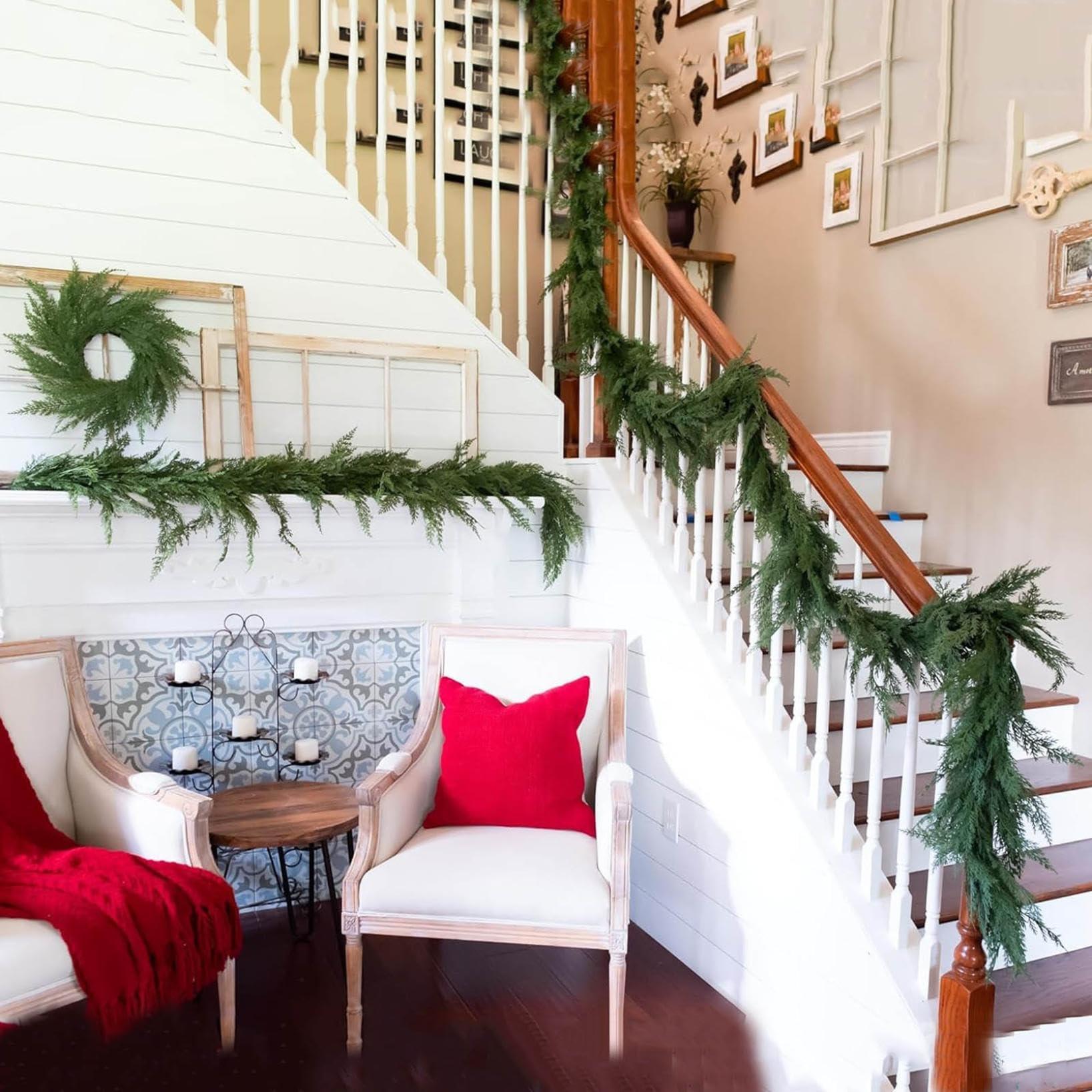 JOYO 6.2FT Artificial Long Cedar Garlands, Real Touch Winter Norfolk Pine Garland Green Artificial Greenery Garland Artificail Pine Christmas Garland for Holiday Wall Indoor Outdoor (6.2FT)