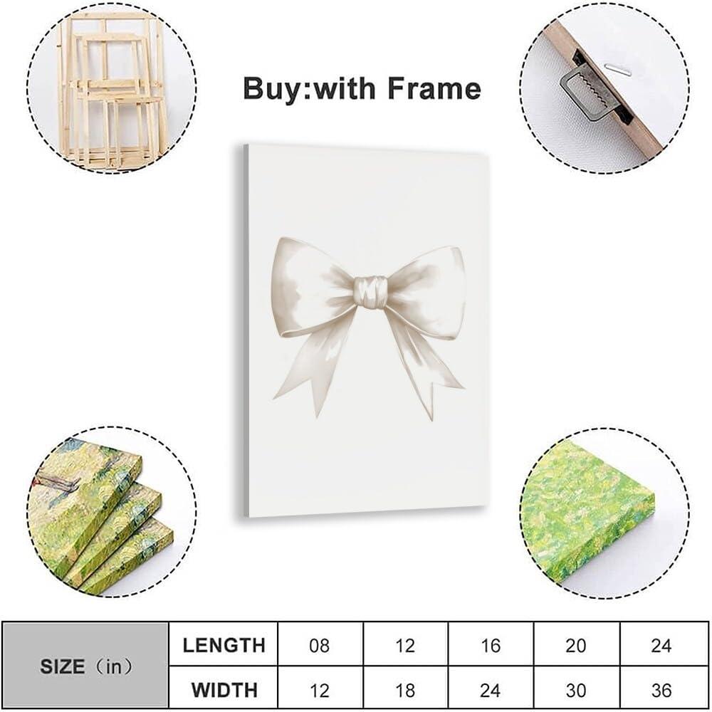 Generic Beige Bow Poster Preppy Aesthetic Wall Art Coquette Room Decor Beige Canvas Bow Print Girl Wall Art Pastel Prints Bedroom Wall Decoration16x24inch Framed