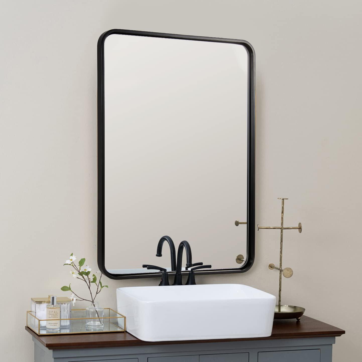 ANDY STAR ANDY STAR Matte Black Mirror for Bathroom, 20x28 Inch Rounded Rectangle Mirror, Modern Vanity Mirror Tube Metal Frame HD Reflection Wall-Mounted Mirrors Vertically or Horizontally