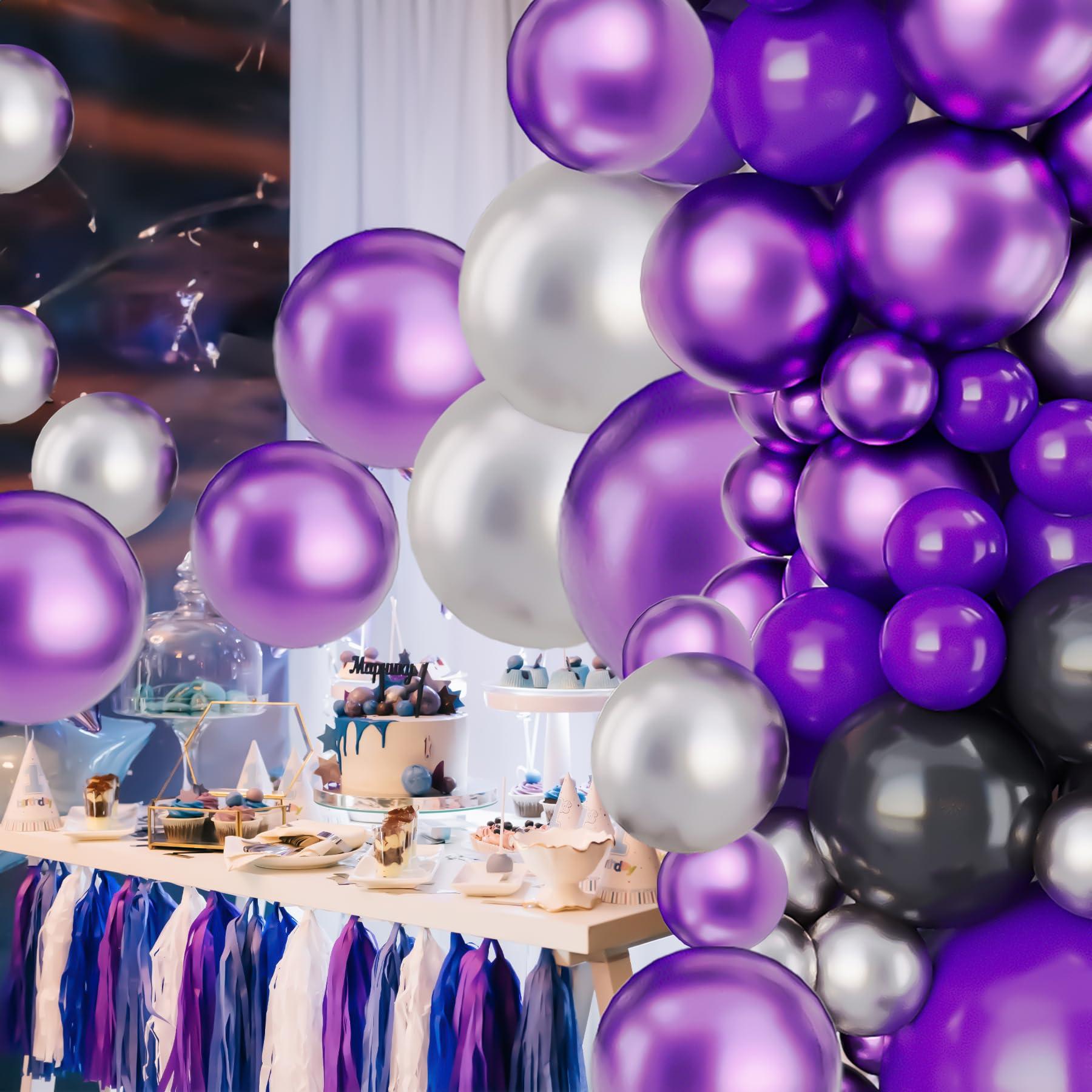 deiiom Dark Purple Balloon Arch Garland Kit-Black Balloon Latex Metallic Silver Metallic Purple Balloon 132Pcs for Baby Shower,Easter,HalloweenBirthdayGraduation,Christmas Party Decoration.